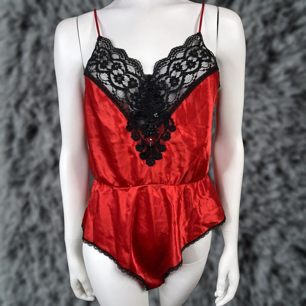 Vintage VTG Women's L Red black lace beaded Shiny Liquid Satin Teddy Lingerie  sexy 80s | Grailed