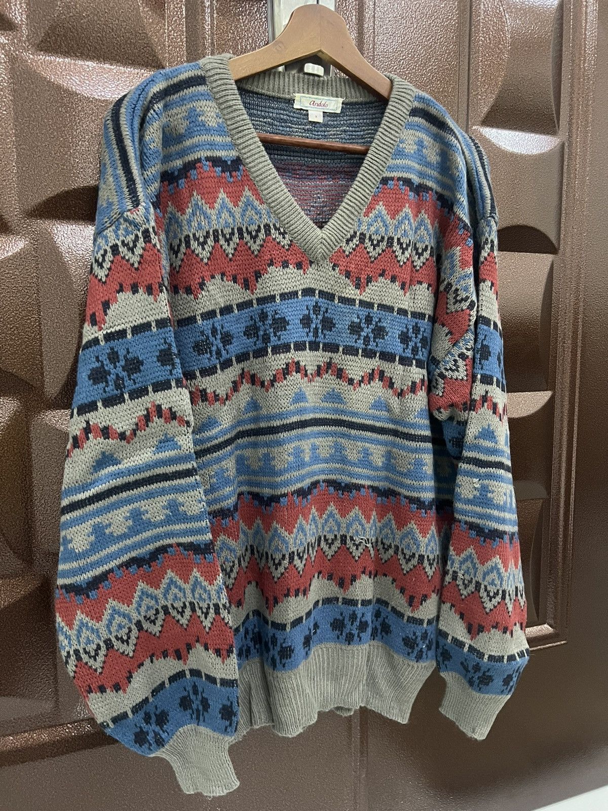 Japanese Brand ANDOLO Vintage Geometric Nordic V Neck Pullover Knit Jumper Size US M / EU 48-50 / 2 - 3 Thumbnail