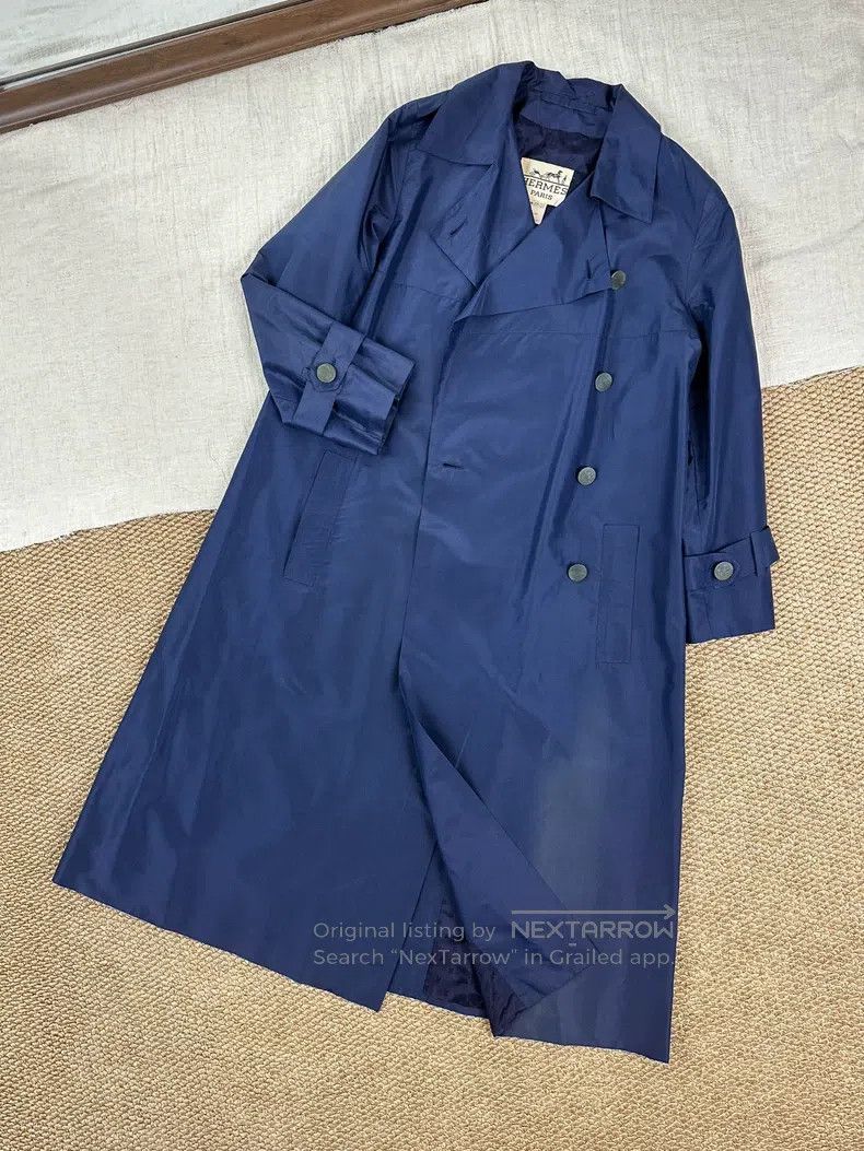 Hermes Hermes Vintage Silk Tie Belt Long Coat Jacket - Dark Blue Size S / US 4 / IT 40 - 1 Thumbnail