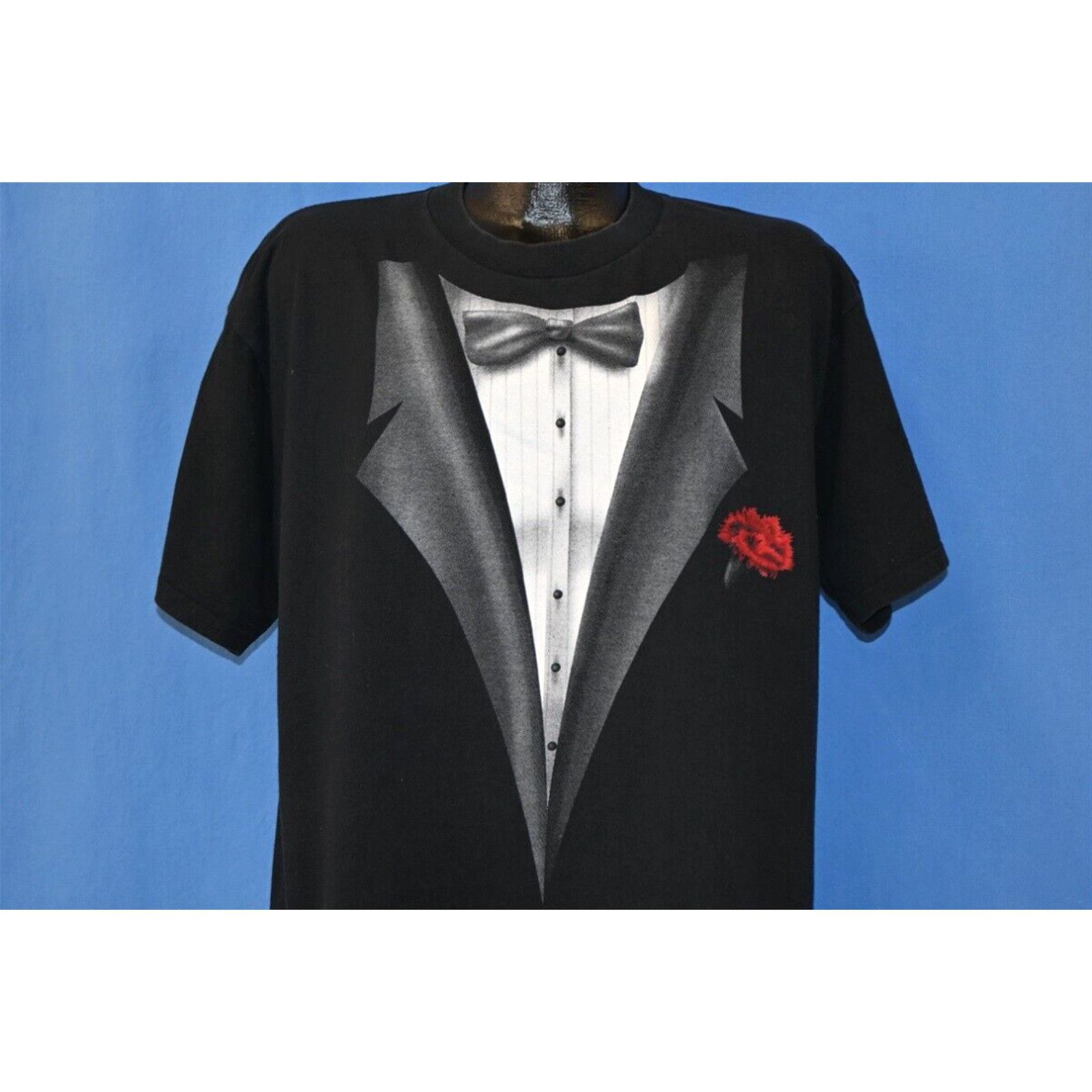 image of Vintage 90's Tux Tuxedo Vest Bowtie Corsage Costume Black T-Shirt Extra Large XL in White, Men's