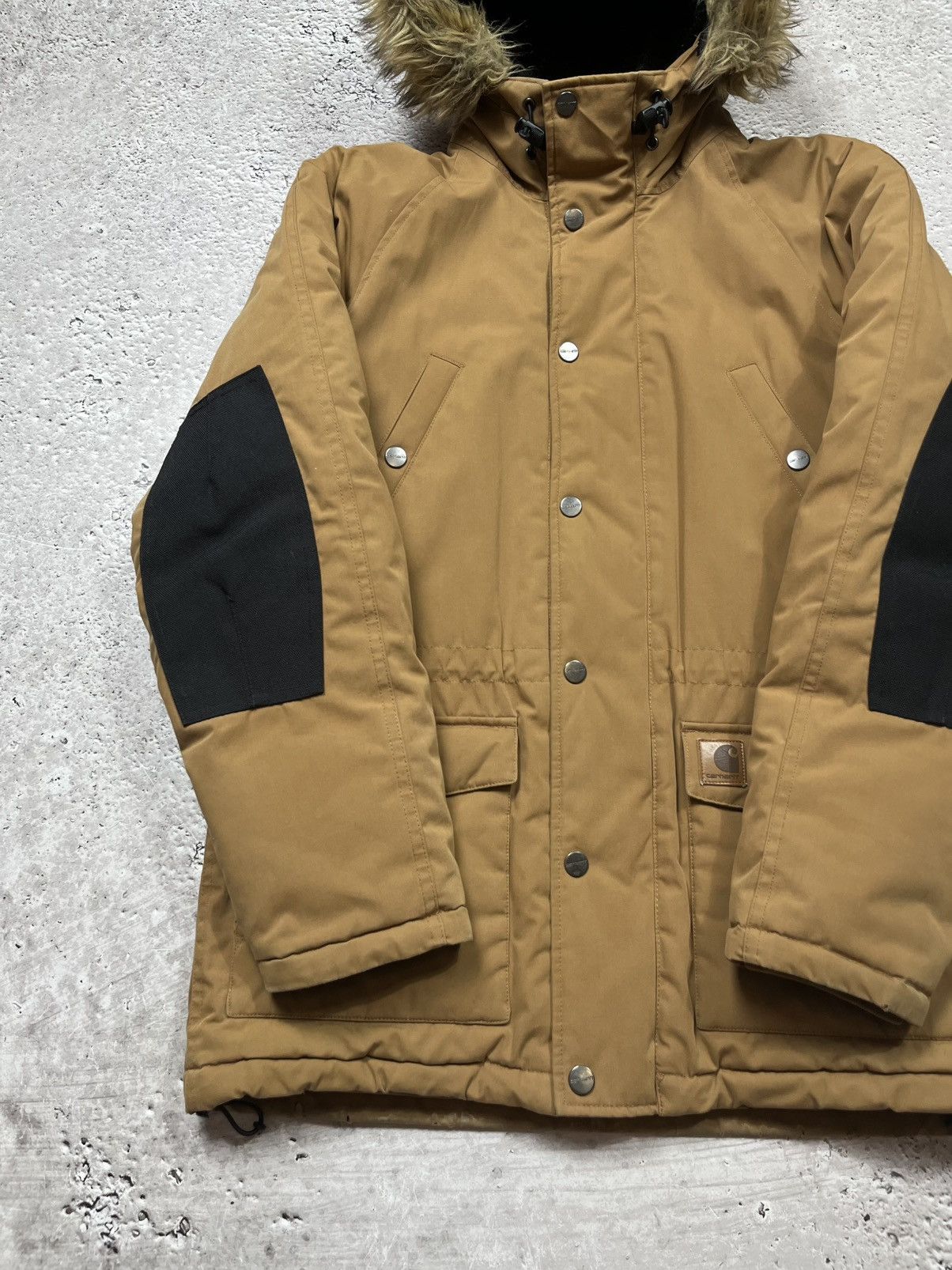 Carhartt WIP Trapper Parka M Brown Faux Fur Hood Elbow Patch