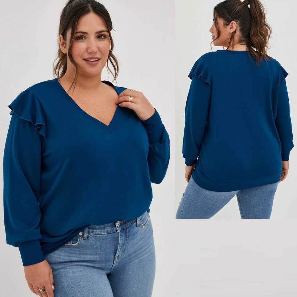 Torrid New Torrid Lt Weight French Terry V-Neck Ruffle Shoulder Bl Size XXL / US 16-18 / IT 52-54 - 1 Thumbnail