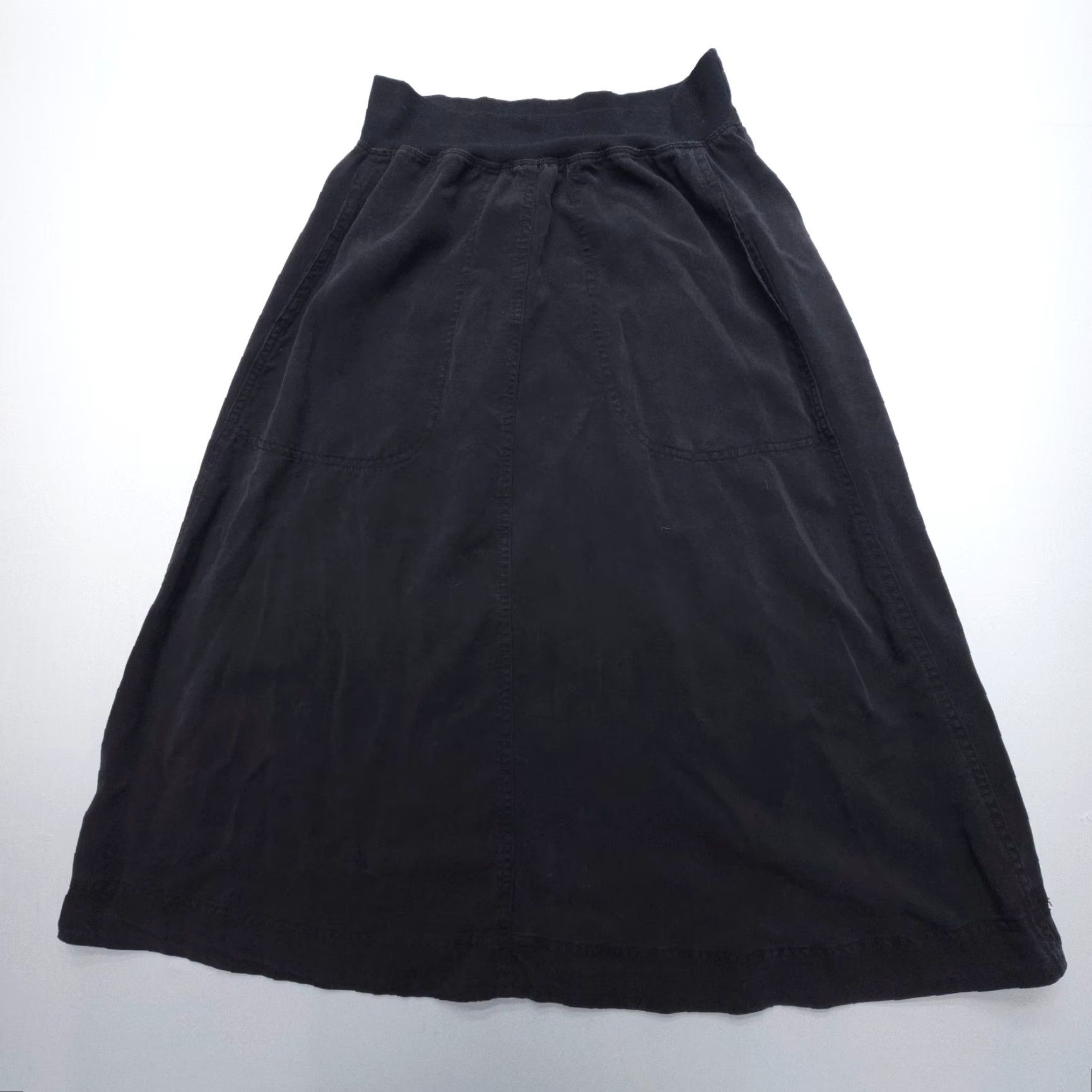 Vintage Cut Loose Skirt Womens Small Black Midi A-Line Pull On Cotton Blend Knit USA Made Lagenlook Casual Travel 90s Theme Womens Size 28" / US 6 / IT 42 - 2 Thumbnail
