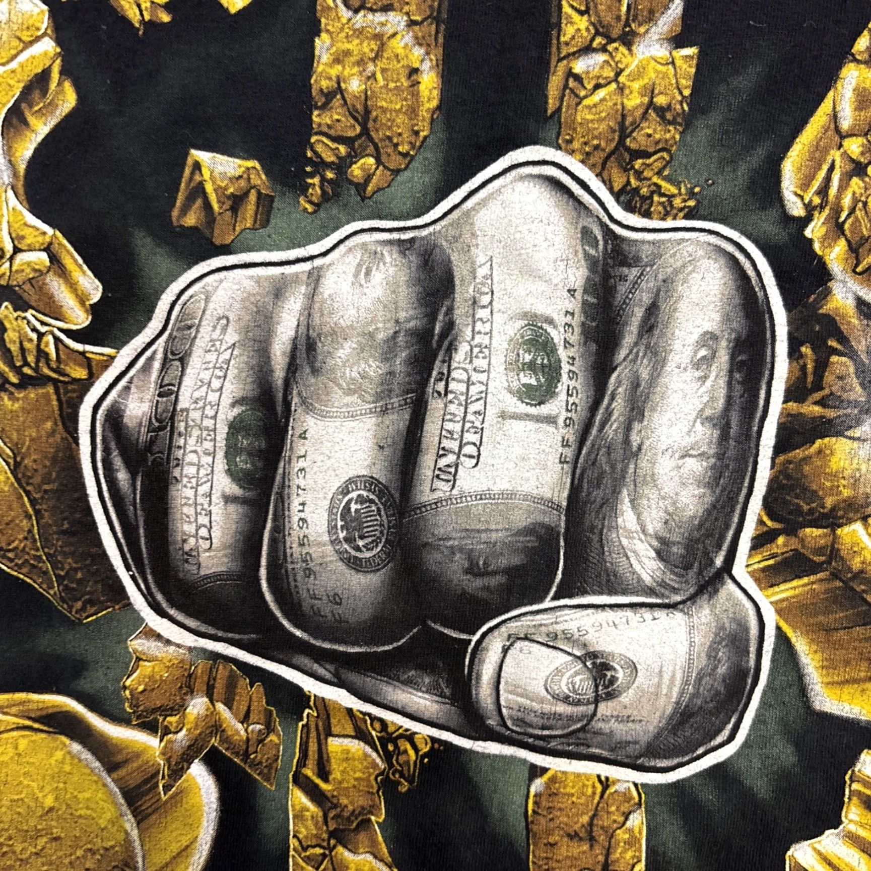 AAA VINTAGE Crumbling Gold Dollar Sign Cash Fist $ Money Benjamin T-Shirt L Men Black 1990s AAA Size L Size US L / EU 52-54 / 3 - 3 Thumbnail