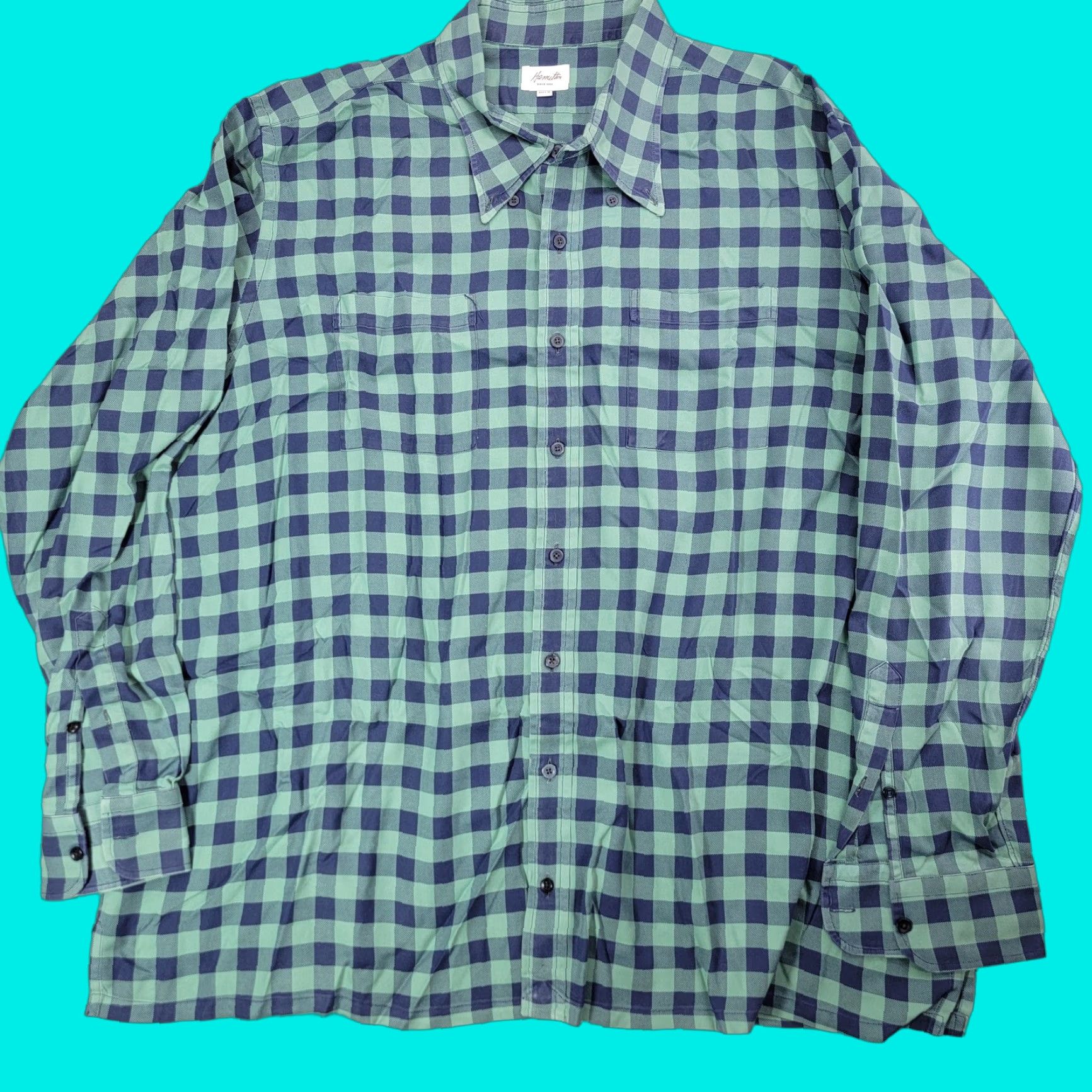 Hamilton Hamilton Shirt Mens 3XL Green Blue Gingham Check Long Sleeve Button Front Size US XXL / EU 58 / 5 - 1 Thumbnail