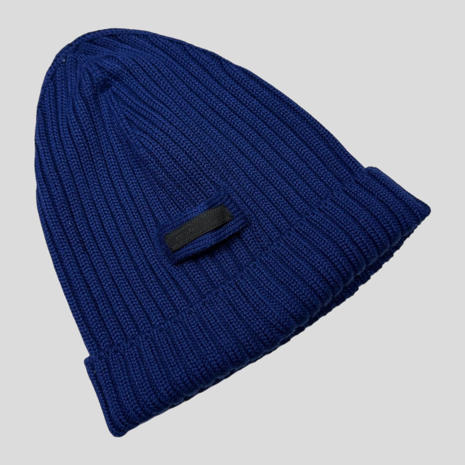 Prada Prada 2020 Virgin Wool Blue Ribbed Logo Beanie Size ONE SIZE - 1 Thumbnail