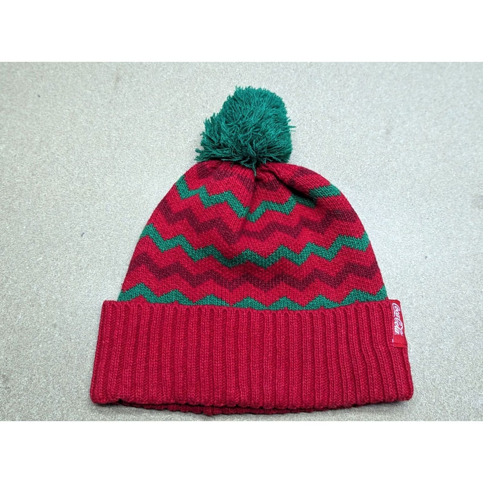 Vintage Coca-Cola Beanie Hat One Size Striped Red Green Pom Pom Knitted Ribbed Size ONE SIZE - 2 Thumbnail