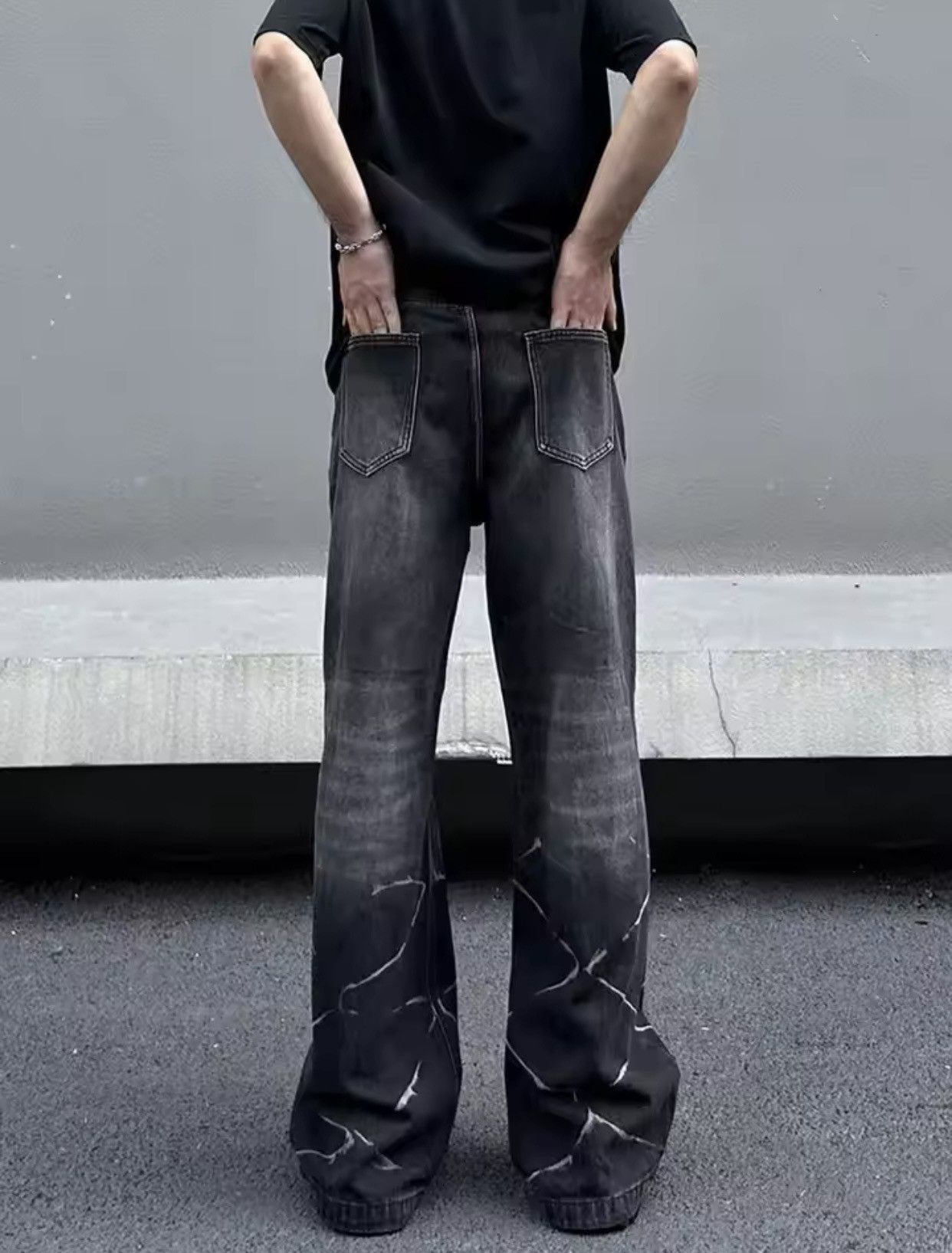 Denime × Vintage Cyber Y2K Streetwear Lightning Pattern Pleated Baggy Jeans Size US 27 - 2 Thumbnail
