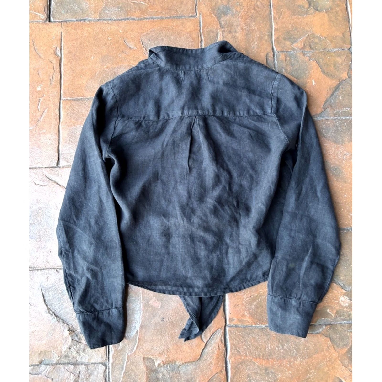 CLOT Cloth & Stone Button Up Shirt Blouse XS Black Long Sleeve Linen Woman’s Tie Collared Knitted? (note: invalid) Size XS / US 0-2 / IT 36-38 - 3 Thumbnail