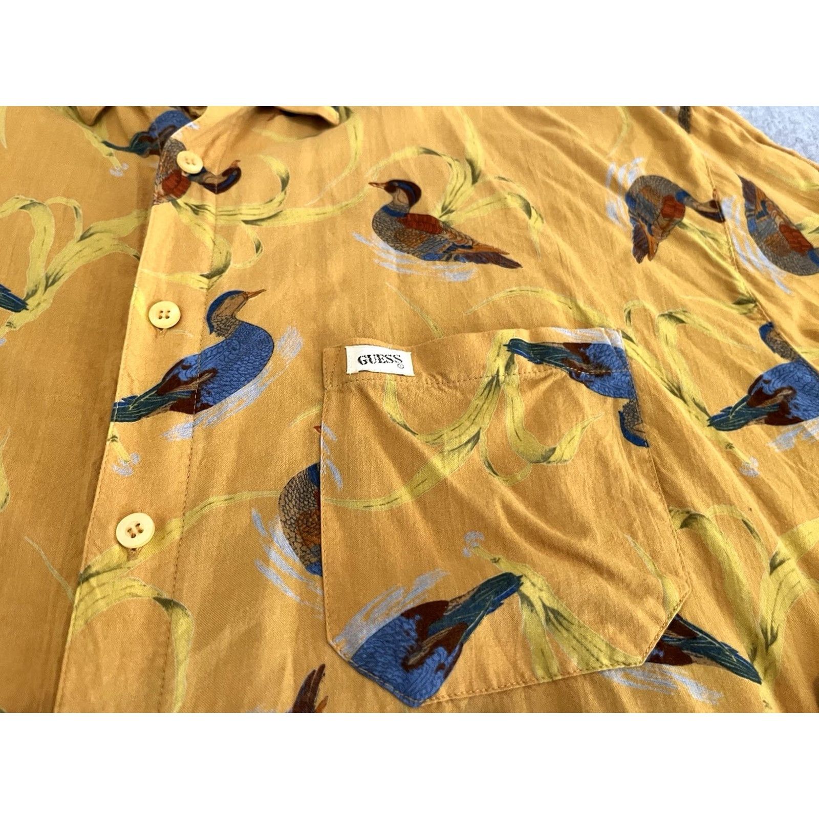 Guess GUESS Georges Marciano Long Sleeve Button Up Shirt Mens XL Yellow Ducks Rayon Pattern Animal Print Shirt Size US XL / EU 56 / 4 - 3 Thumbnail