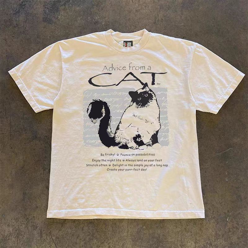 Japanese Brand × Vintage Street washed trendy retro cat print loose t-shirt Size US L / EU 52-54 / 3 - 1 Thumbnail