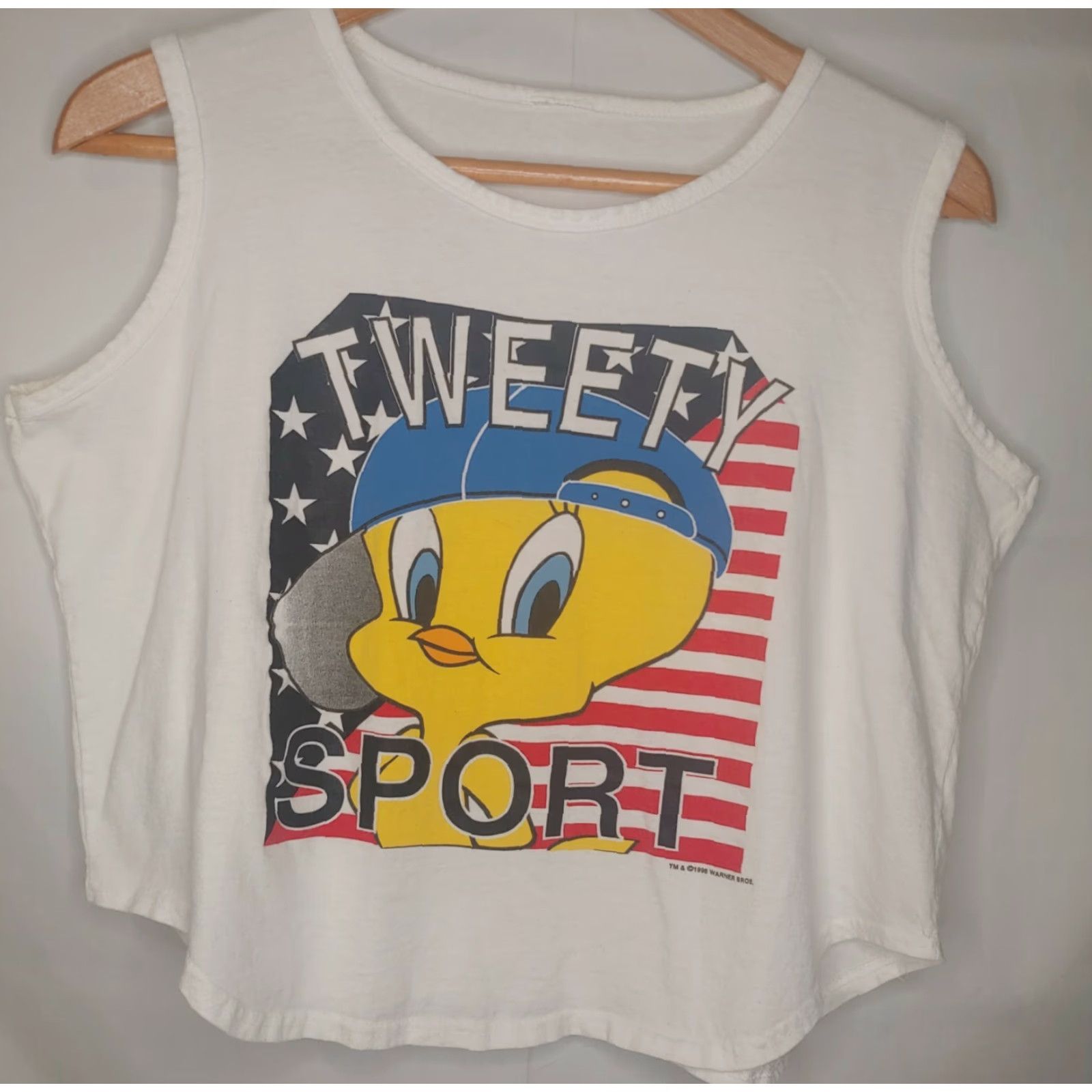 Vintage VINTAGE Tweety Bird Sport Tank Top Womens XL Cropped USA Flag White Cotton Crew Neck Sleeveless 1996 Looney Tunes Size XL / US 12-14 / IT 48-50 - 2 Thumbnail