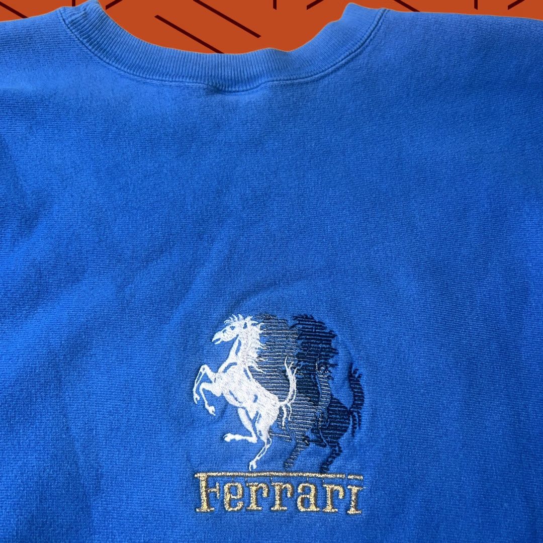 Champion VINTAGE Ferrari x Champion Collab Mashup Sweatshirt Adult XL Blue Crew Neck Long Sleeve Knit Cotton Embroidered Graphic Print Logo Regular Fit Size US XL / EU 56 / 4 - 1 Thumbnail