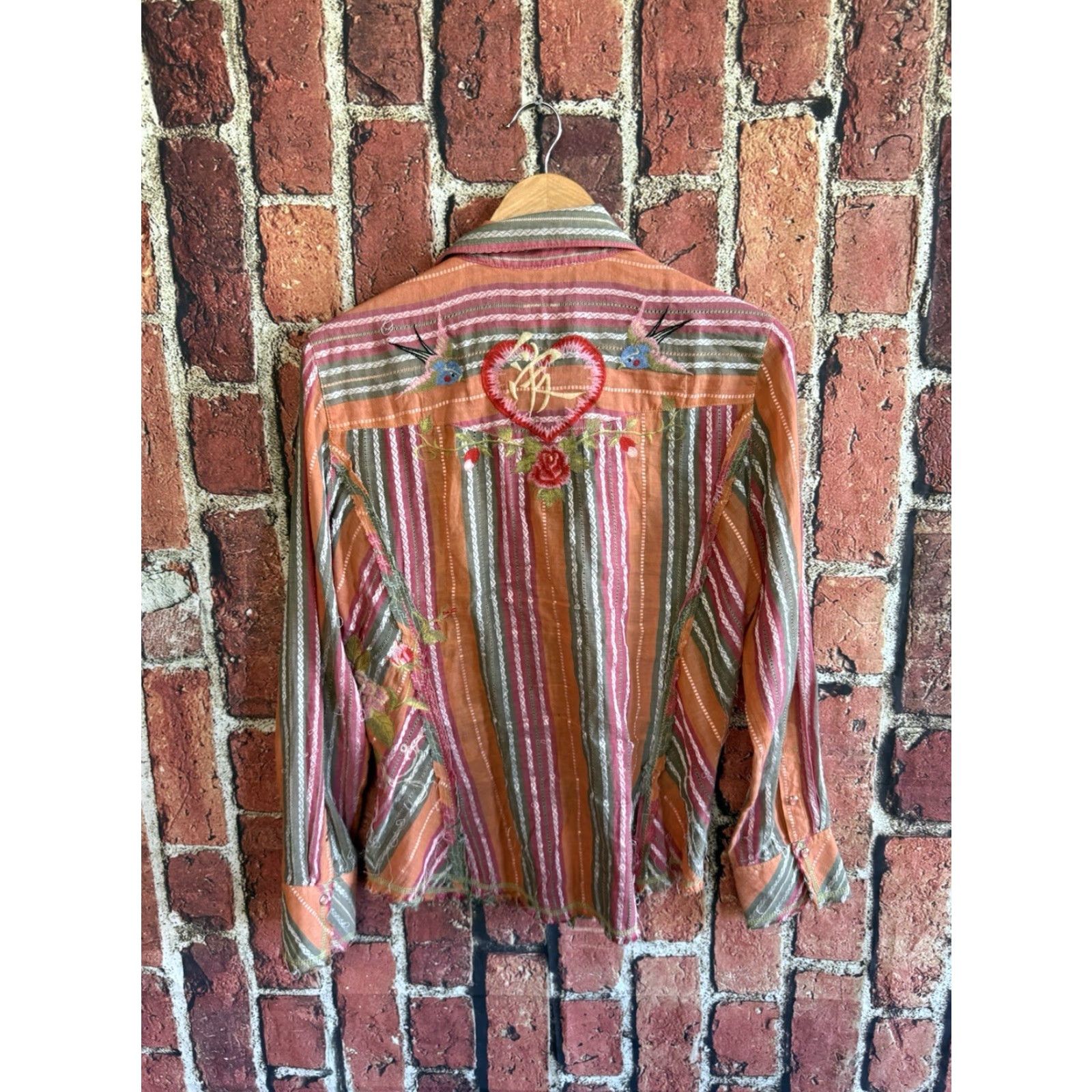 Vintage Lovestitch Shirt Womens L Striped Embroidered Boho Floral Western Frayed Hem Button-Up Tunic Size L / US 10 / IT 46 - 2 Thumbnail