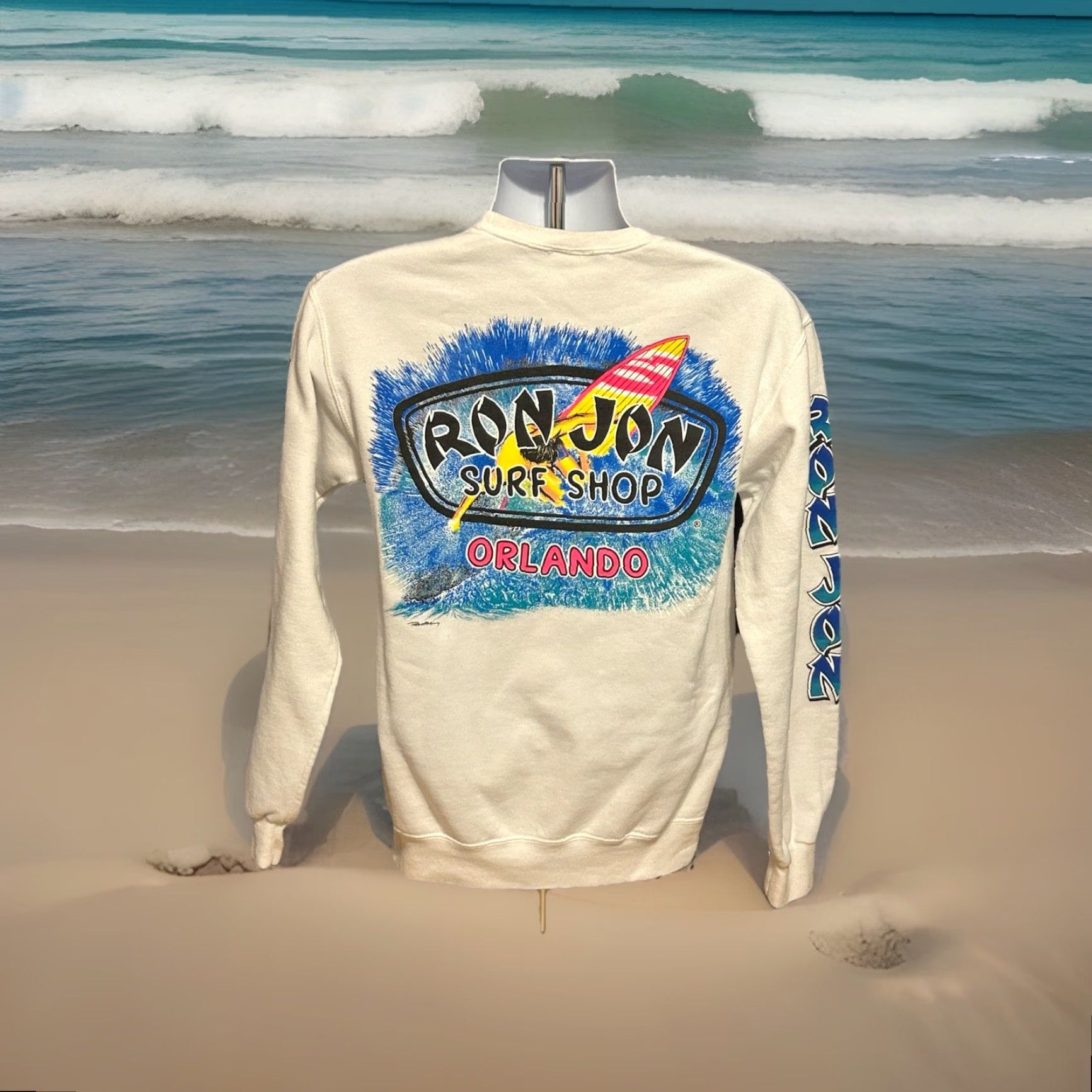 Ron Jon Surf Shop VINTAGE Ron Jon Surf Shop Sweatshirt Adult Small White Double Sided Graphic Print Crew Neck Pullover Long Sleeve Size US S / EU 44-46 / 1 - 6 Thumbnail