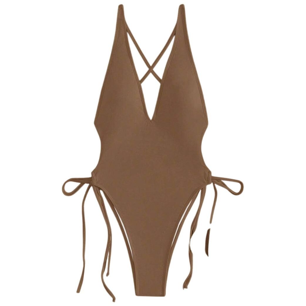 Shein Cross Strap Backless One-Piece Swimsuit in Brown, Size M Size ONE SIZE - 1 Thumbnail
