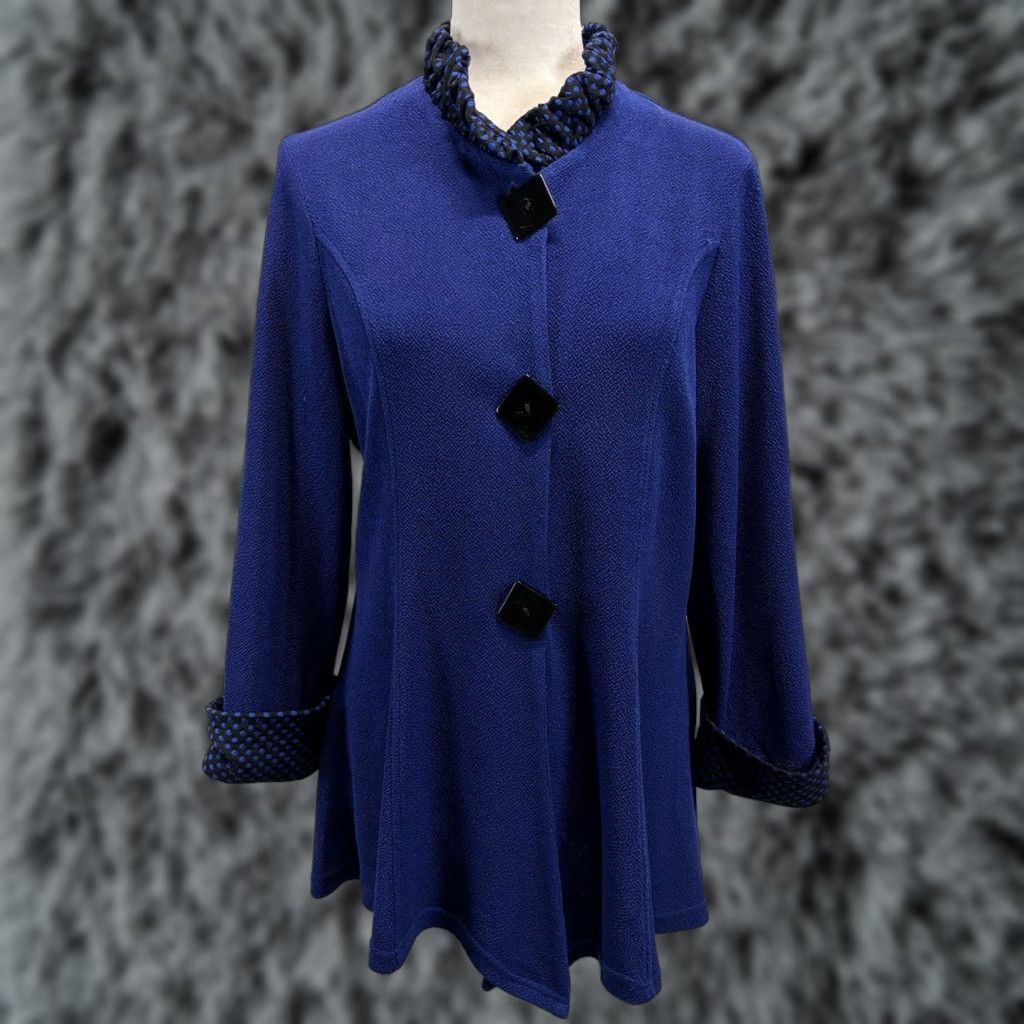Vintage Yushi Women's Jacket Medium Blue Black Textured Acetate Blend Square Buttons Size M / US 6-8 / IT 42-44 - 1 Thumbnail