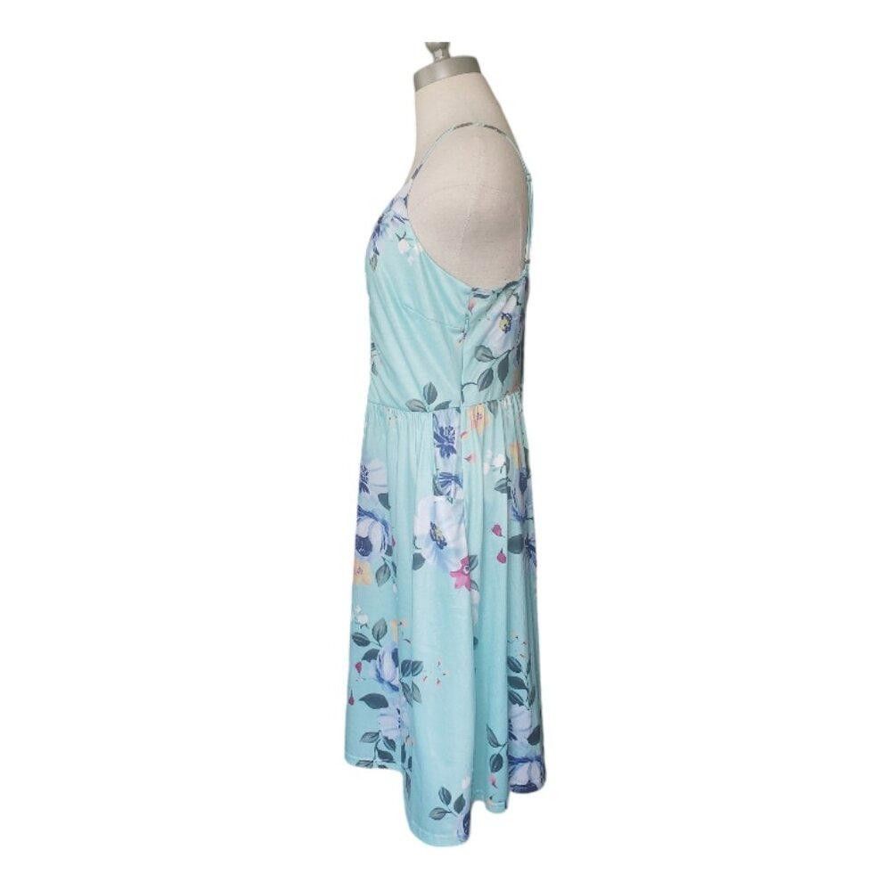 Designer CT340 Yathon Aqua Floral Spaghetti Strap Dress Size L / US 10 / IT 46 - 4 Thumbnail