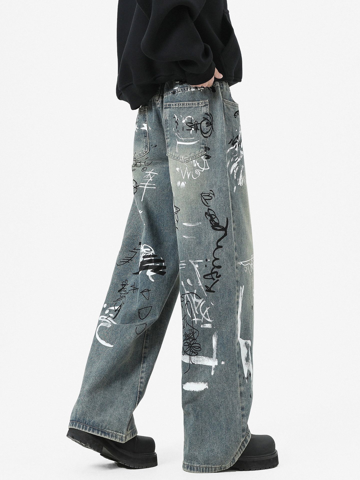 Jean High Street Men's Straight Leg Graffiti Casual Curved Jeans Size US 32 / EU 48 - 5 Thumbnail
