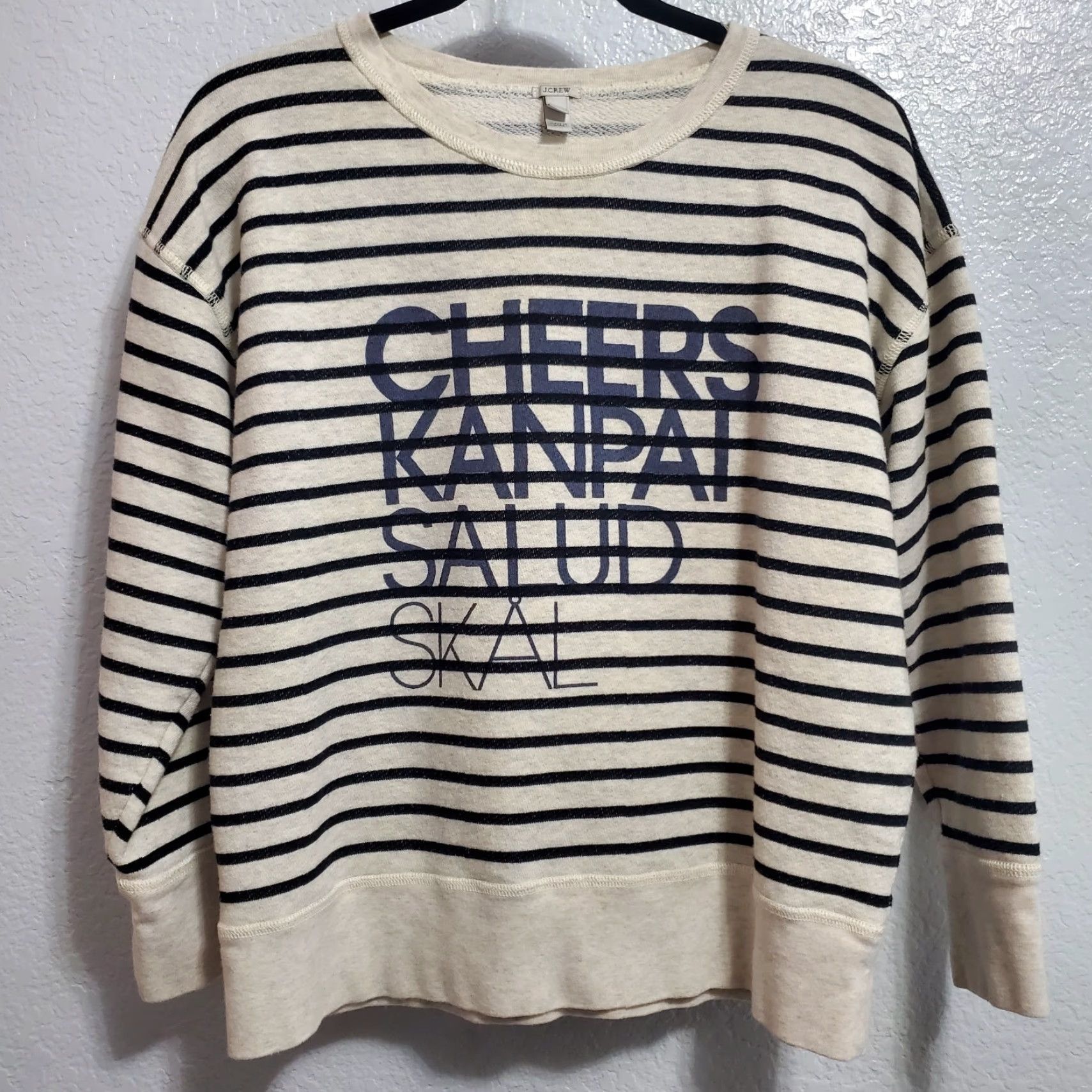 J.Crew J Crew Sweatshirt Women Large Beige Black Striped Cheers Graphic Print Nautical Size L / US 10 / IT 46 - 2 Thumbnail