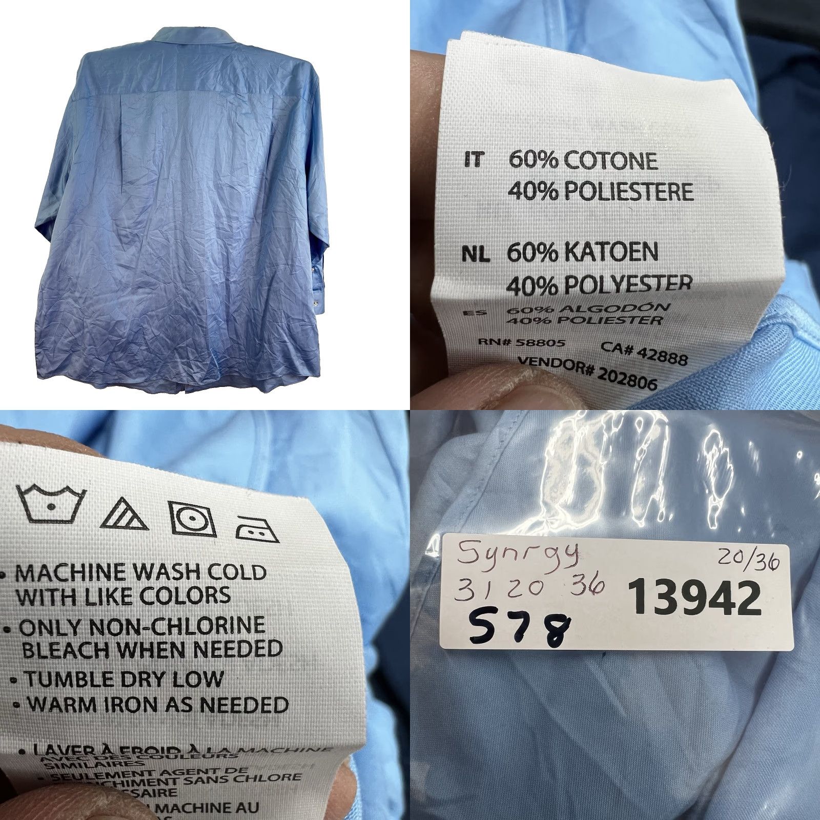 Vintage SYNRGY Button-Up Shirt Mens 20 / 36 Blue Long Sleeve Non-Iron Stretch Casual Business Size US XXL / EU 58 / 5 - 8 Thumbnail