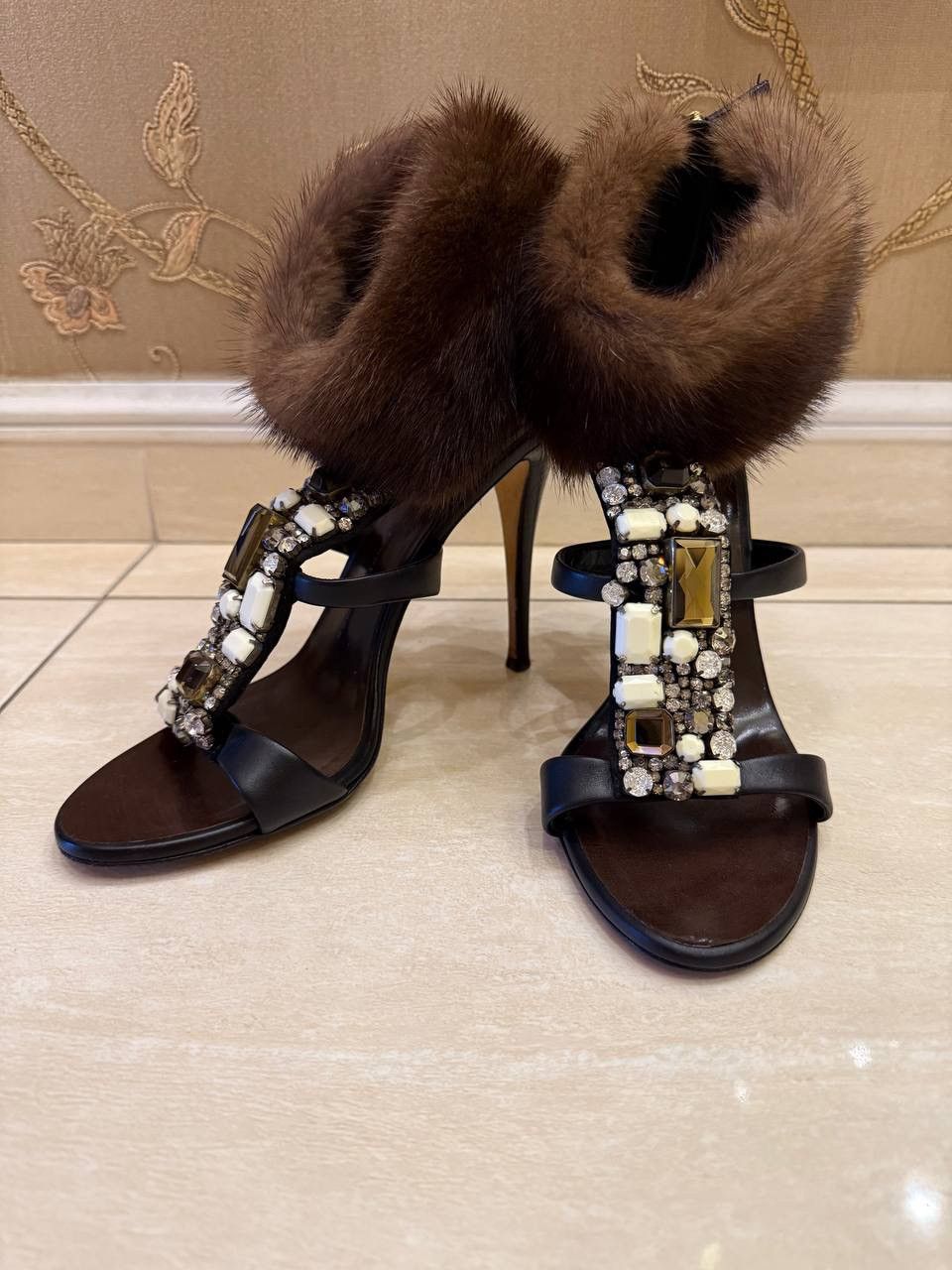 Giuseppe Zanotti Jewel Embellished Leather Mink Fur Sandals