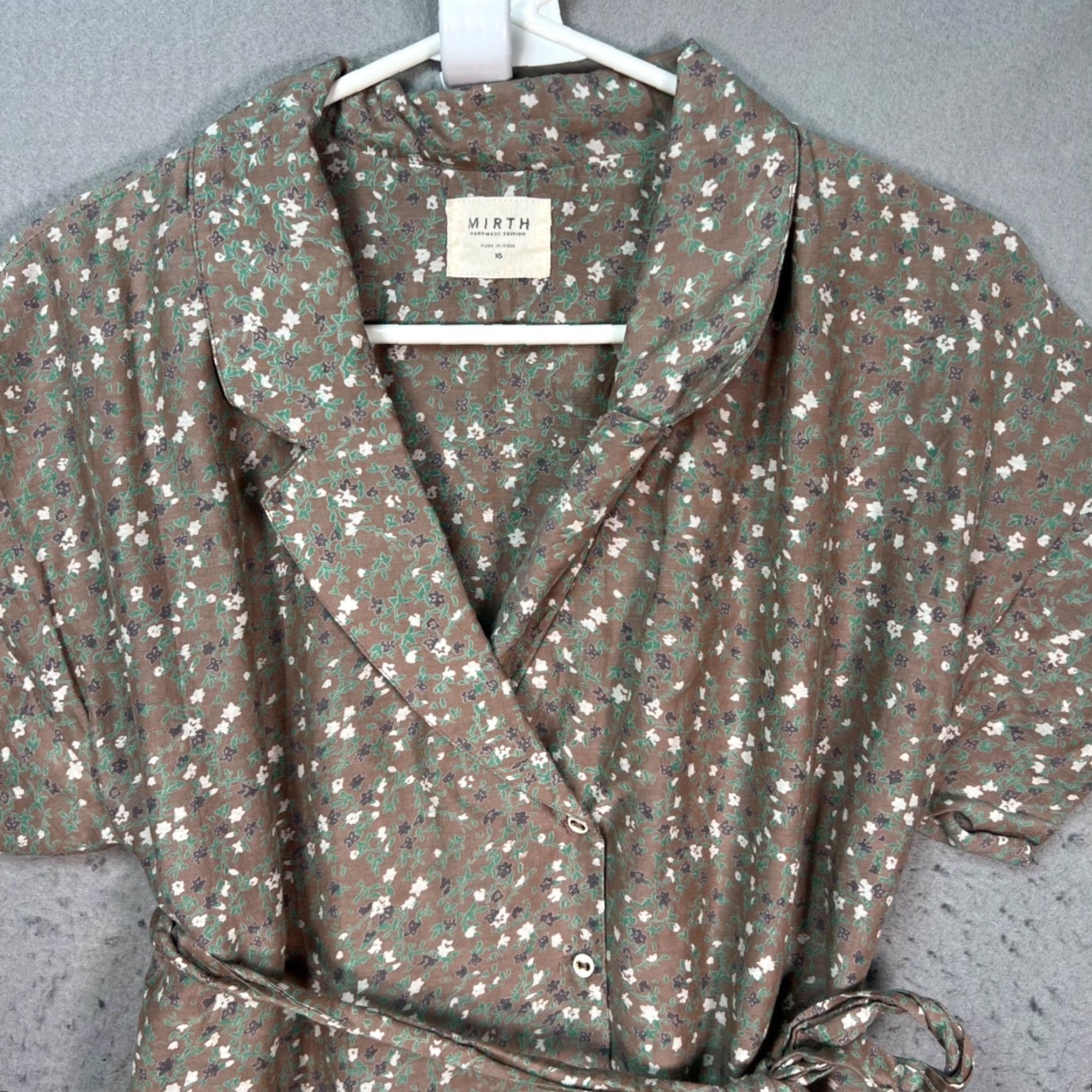 Vintage Mirth Womens XS Brown Floral Wrap Dress Cotton Silk Blend Midi Short Sleeve Spring Summer Dress Women’s wrap dress Size XS / US 0-2 / IT 36-38 - 5 Thumbnail