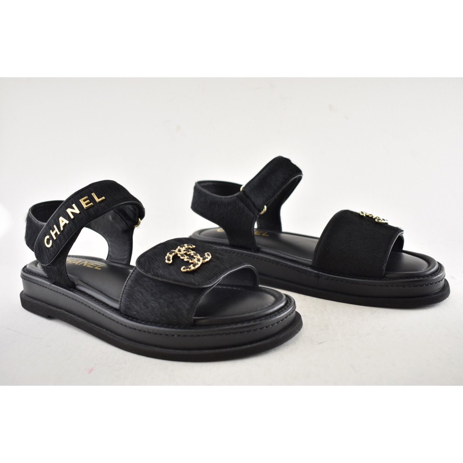 Chanel Chanel 24B Black Calf Hair Gold CC Logo Flat Dad Sandal 36 Size US 5 / IT 35 - 5 Thumbnail