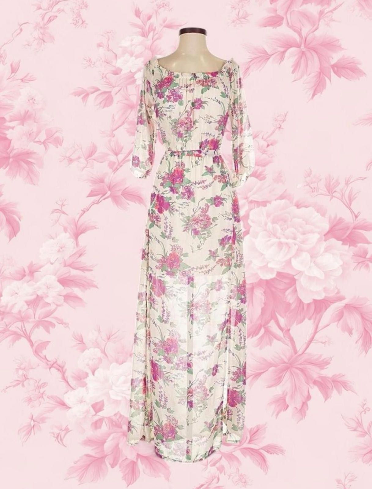 Other Floral Maxi Dress Spring Summer Gown Pink Cream Lace Size S / US 4 / IT 40 - 2 Thumbnail