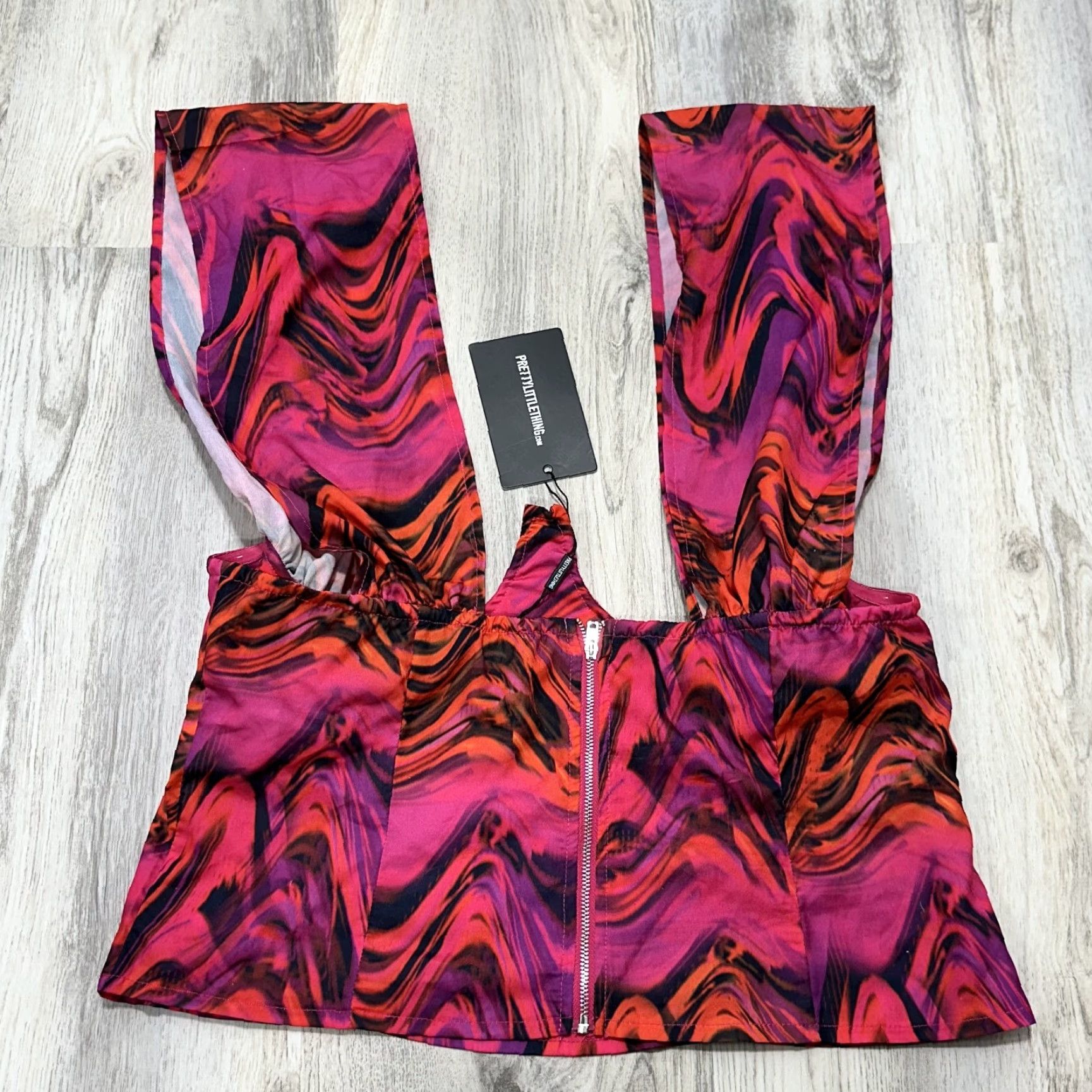 PrettyLittleThing Pretty Little Thing Pink Black Abstract Woven Cross Over Zip Top Sleeveless Cropped NWT Sz 12 Women's Womens Size XL / US 12-14 / IT 48-50 - 2 Thumbnail