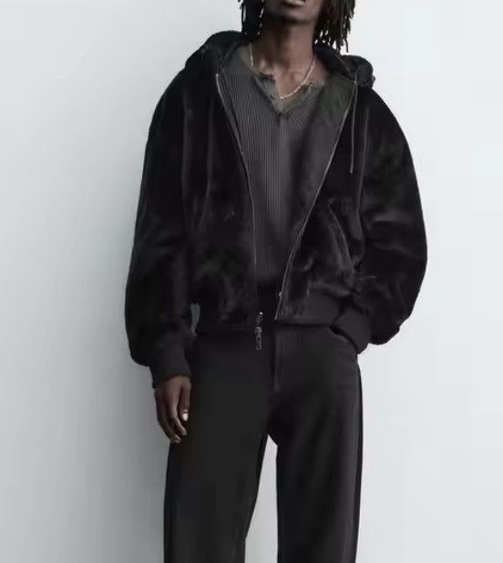 Leather Black Hooded Leather Bomber Jacket, Casual Zip-Up Outerwear Size US XL / EU 56 / 4 - 8 Thumbnail