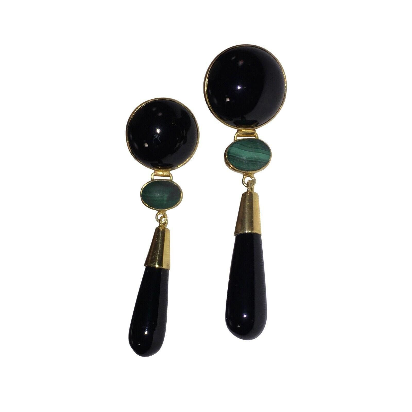 Designer Chinese 18ktGold Plated Sterling Onyx Malachite Drop Earring Size ONE SIZE - 1 Thumbnail
