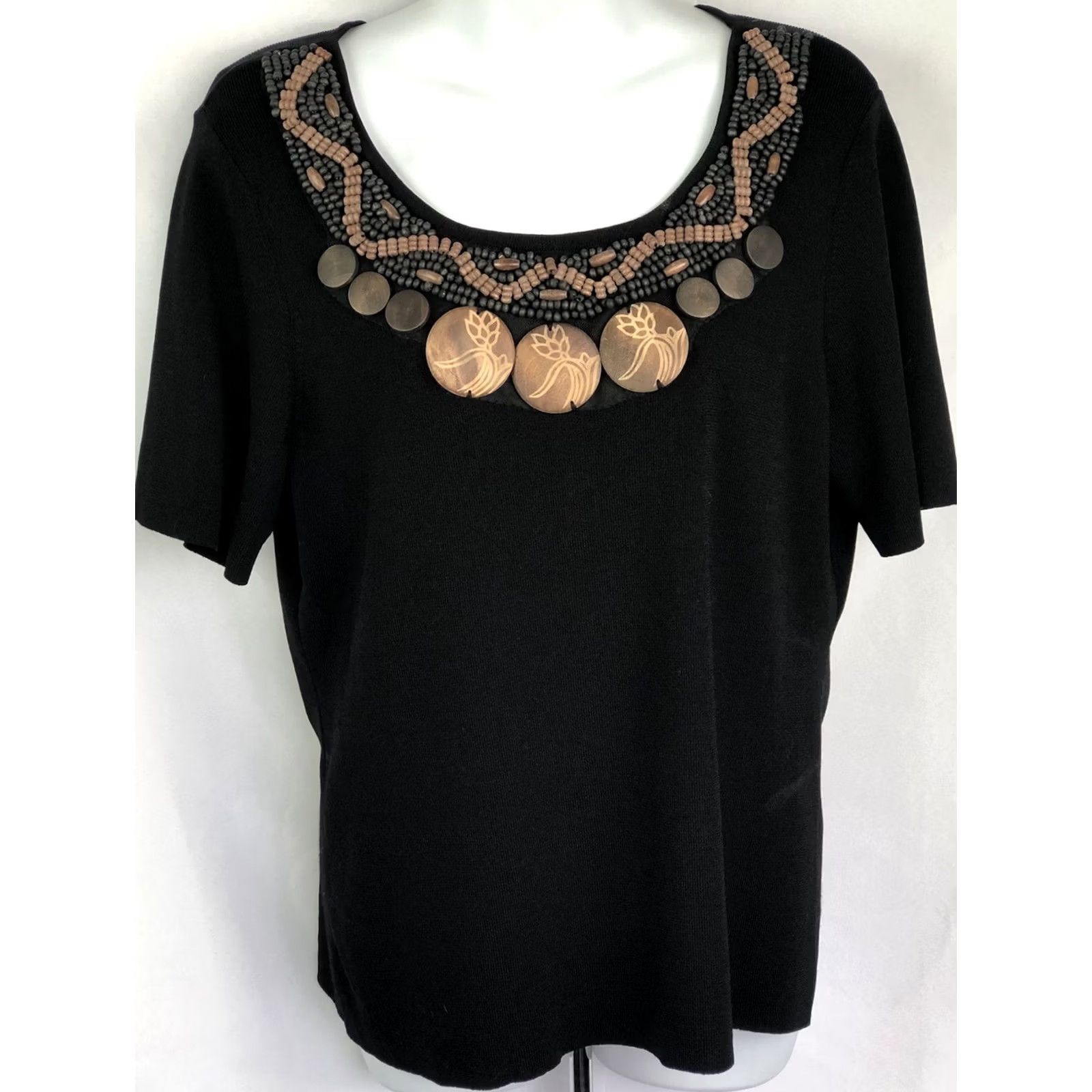 Vintage VINTAGE Once Again Rayon Knit top Blouse L Black Beaded Scoop Short Sleeve Pullover Boho Size L / US 10 / IT 46 - 7 Thumbnail