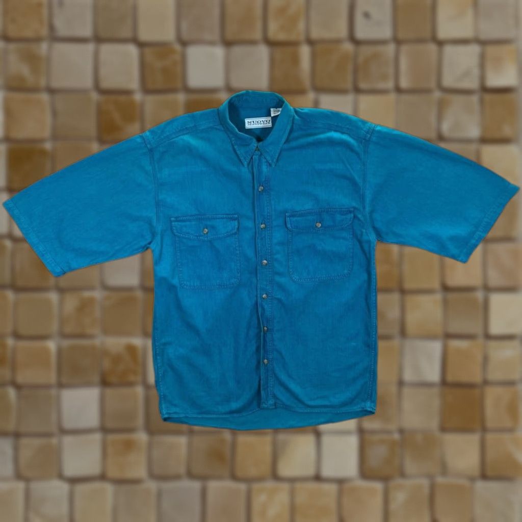 Vintage Vintage 90's Nuovo Jeanswear Blue Heavy Cotton Short Sleeve Shirt Medium Large Mens Shirt Blue 90s 100% cotton Button-Up #BY154 Size US M / EU 48-50 / 2 - 1 Thumbnail