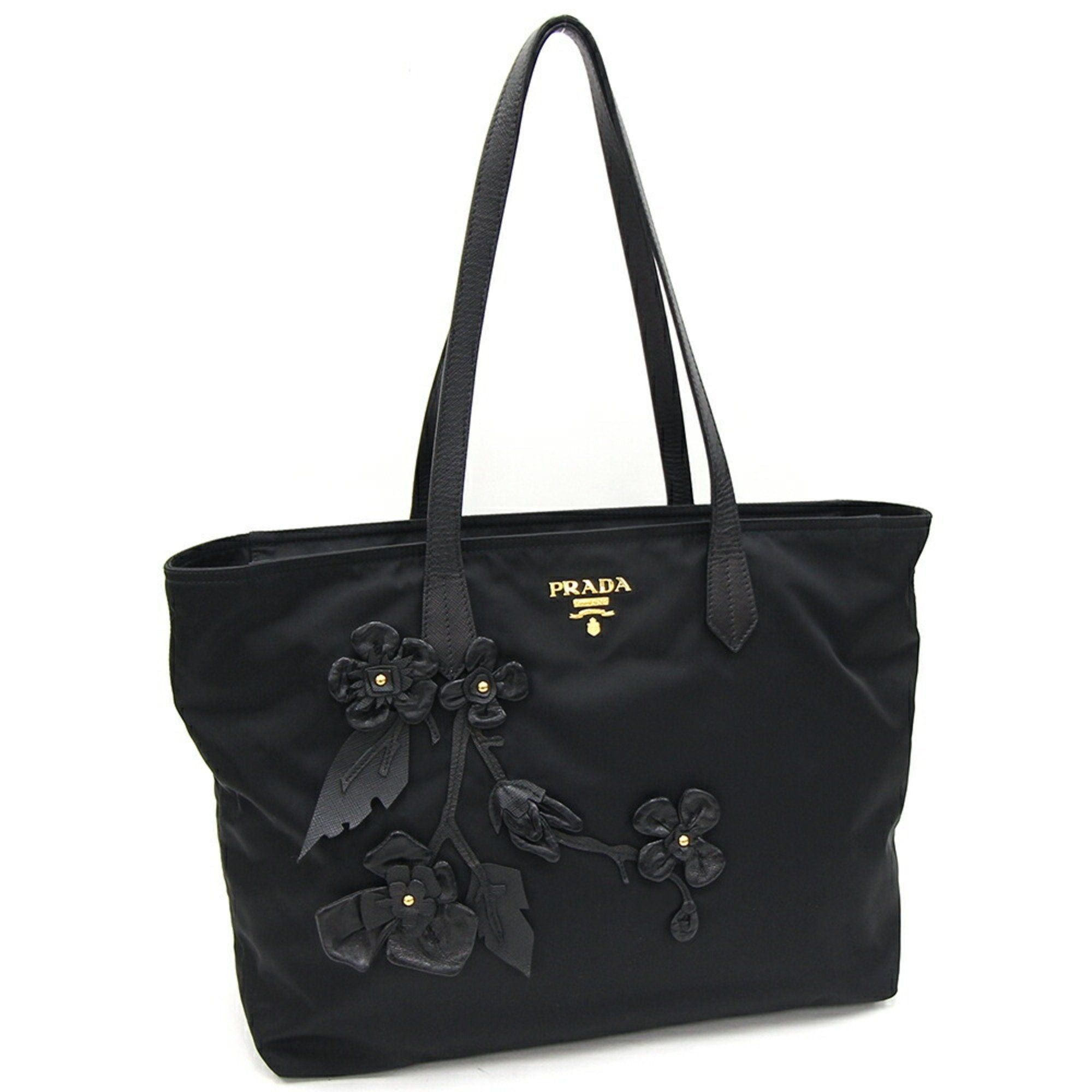 image of Prada Tote Bag 1Bg052 Black Nylon Leather Shoulder Flower Motif Ladies, Women's