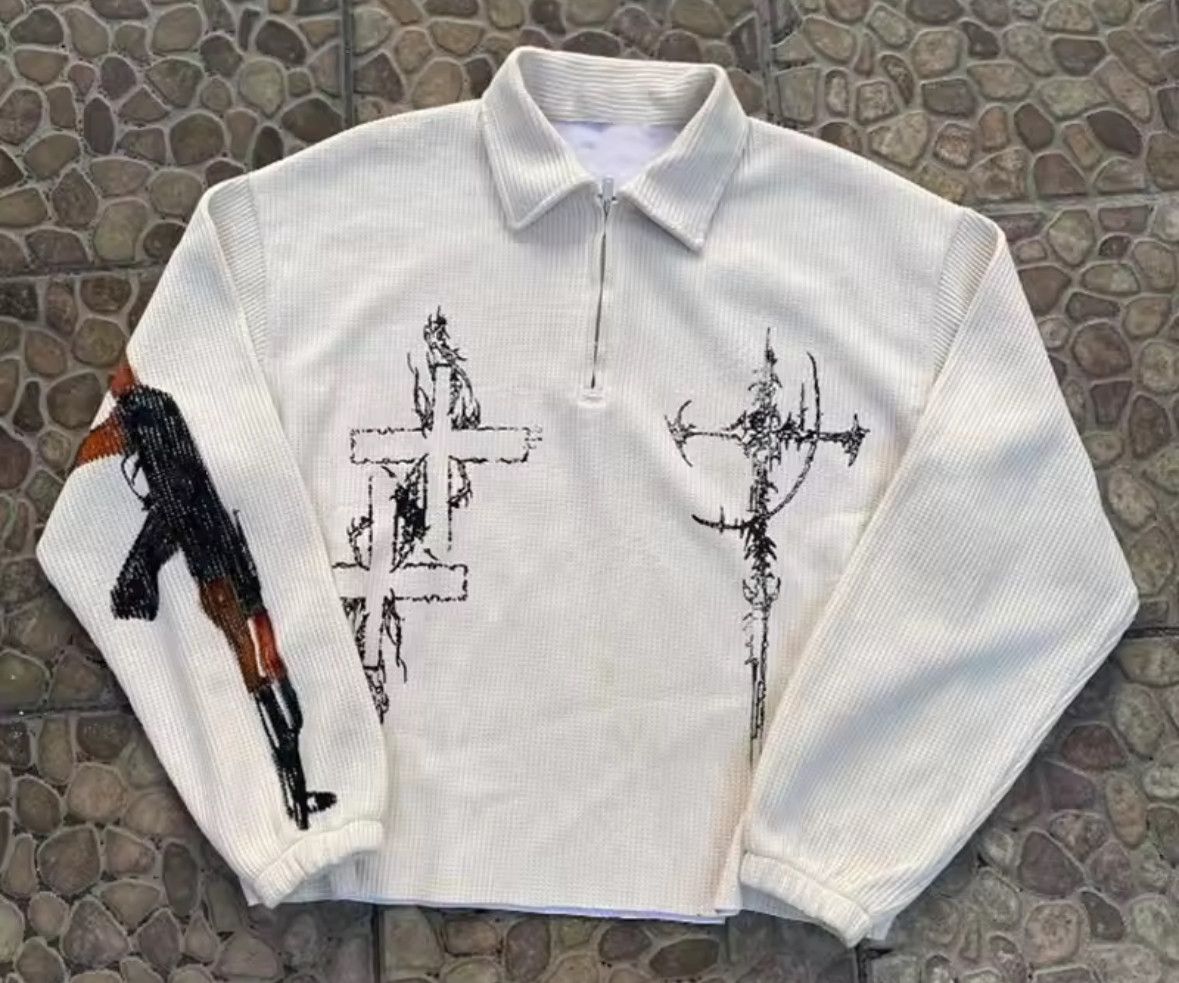 Japanese Brand Y2K Goth Hip Hop Sketch Cross Gun Polo Sweater Sweatshirt Size US M / EU 48-50 / 2 - 1 Thumbnail