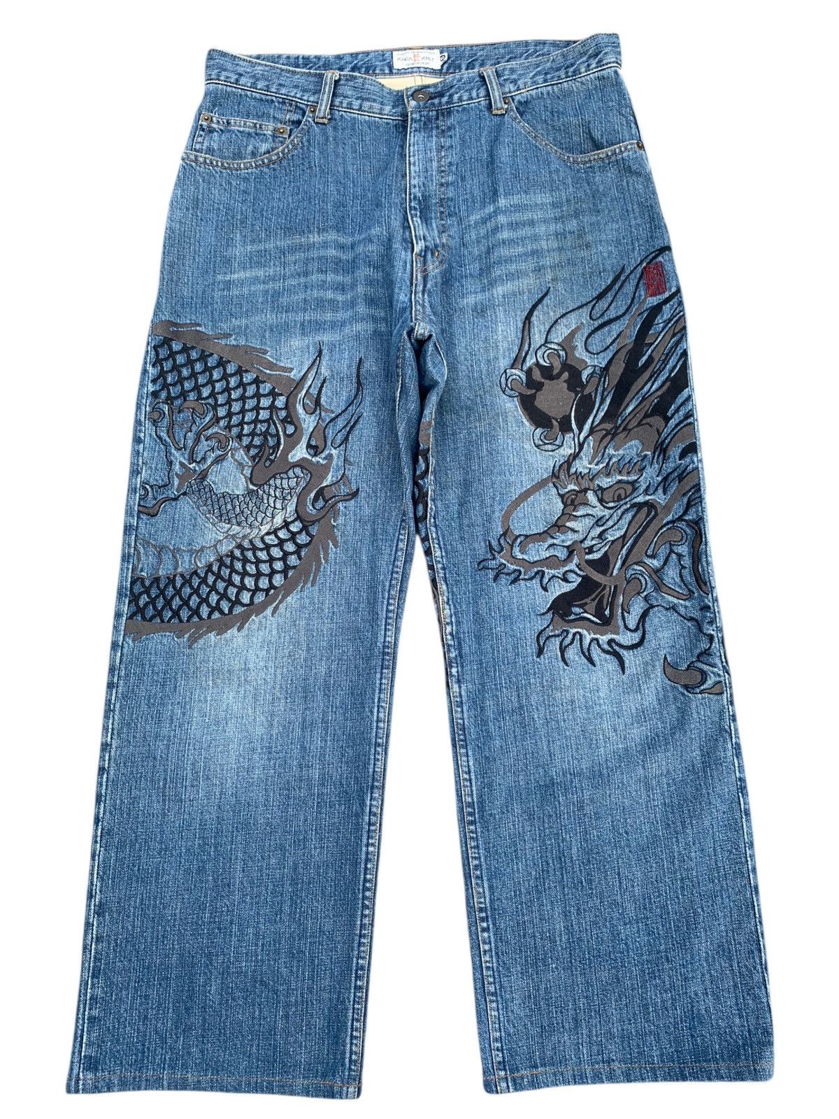 KARAKURI TAMASHI DRAGON EMBROIDERY JAPANESE SUKAJAN DENIM