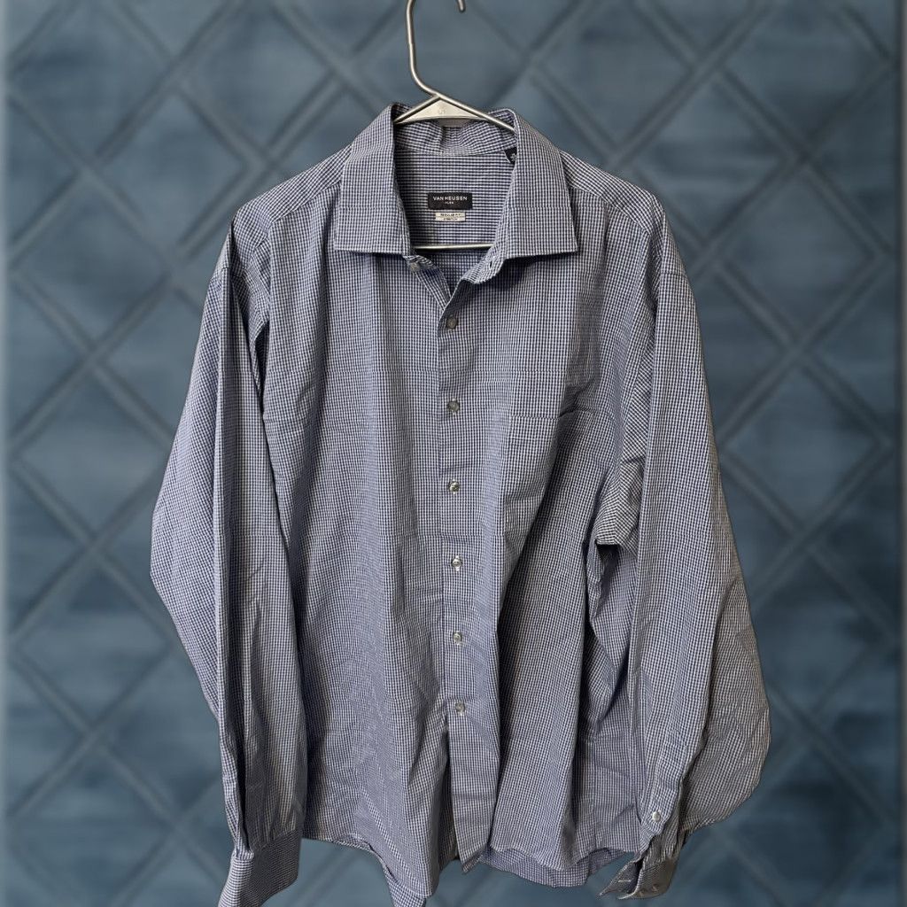 Van Heusen VINTAGE Van Heusen Button-Up Shirt Mens 18 Long Sleeve Regular Fit Plaid Blue 100% Cotton Blend Subtle Pocket Mens Size US XXL / EU 58 / 5 - 1 Thumbnail