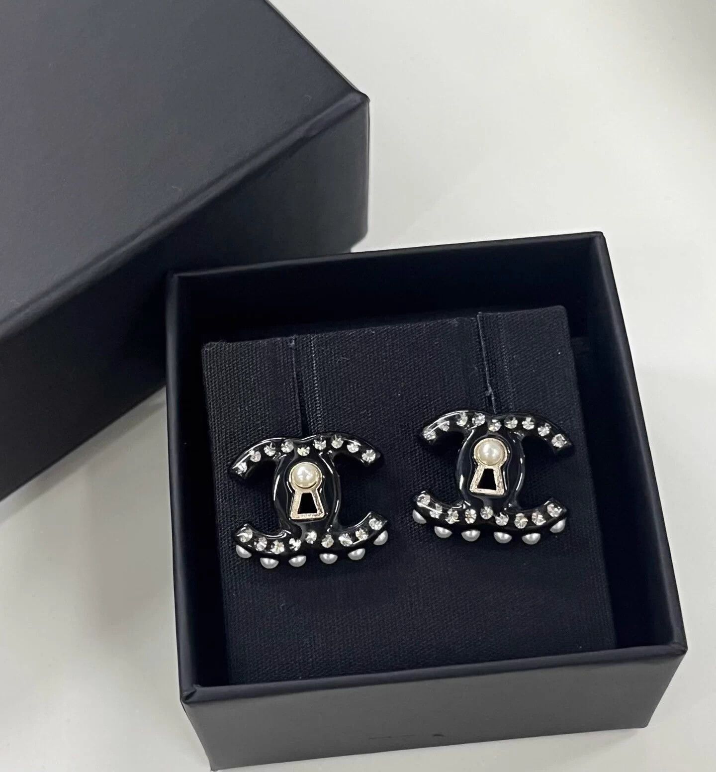 Chanel Black Acrylic Pearl Lock CC Earrings New