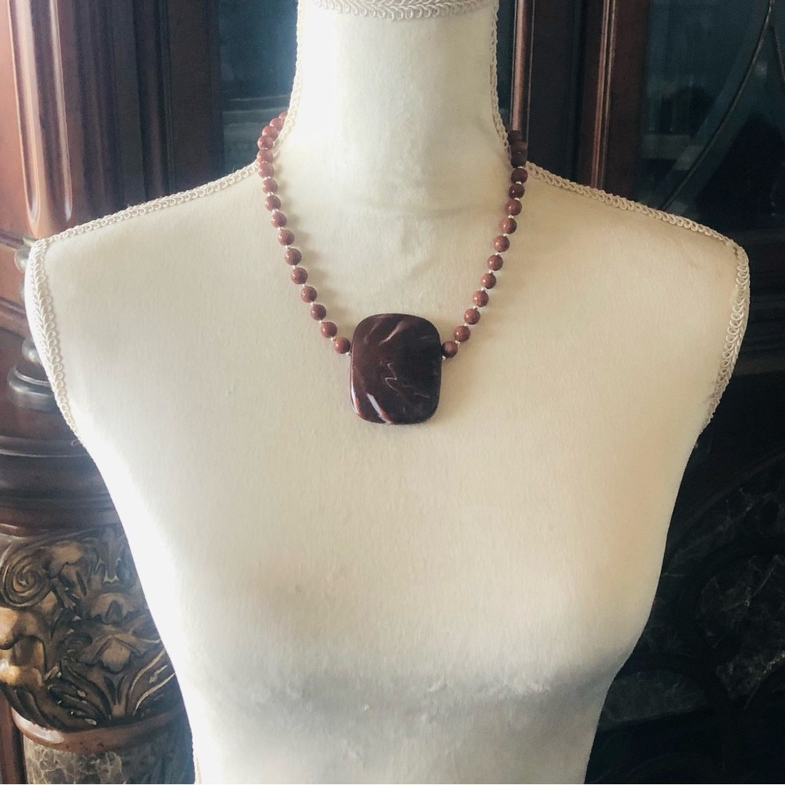 Handmade Handcrafted large marble medallion goldstone bead necklac Size ONE SIZE - 6 Thumbnail