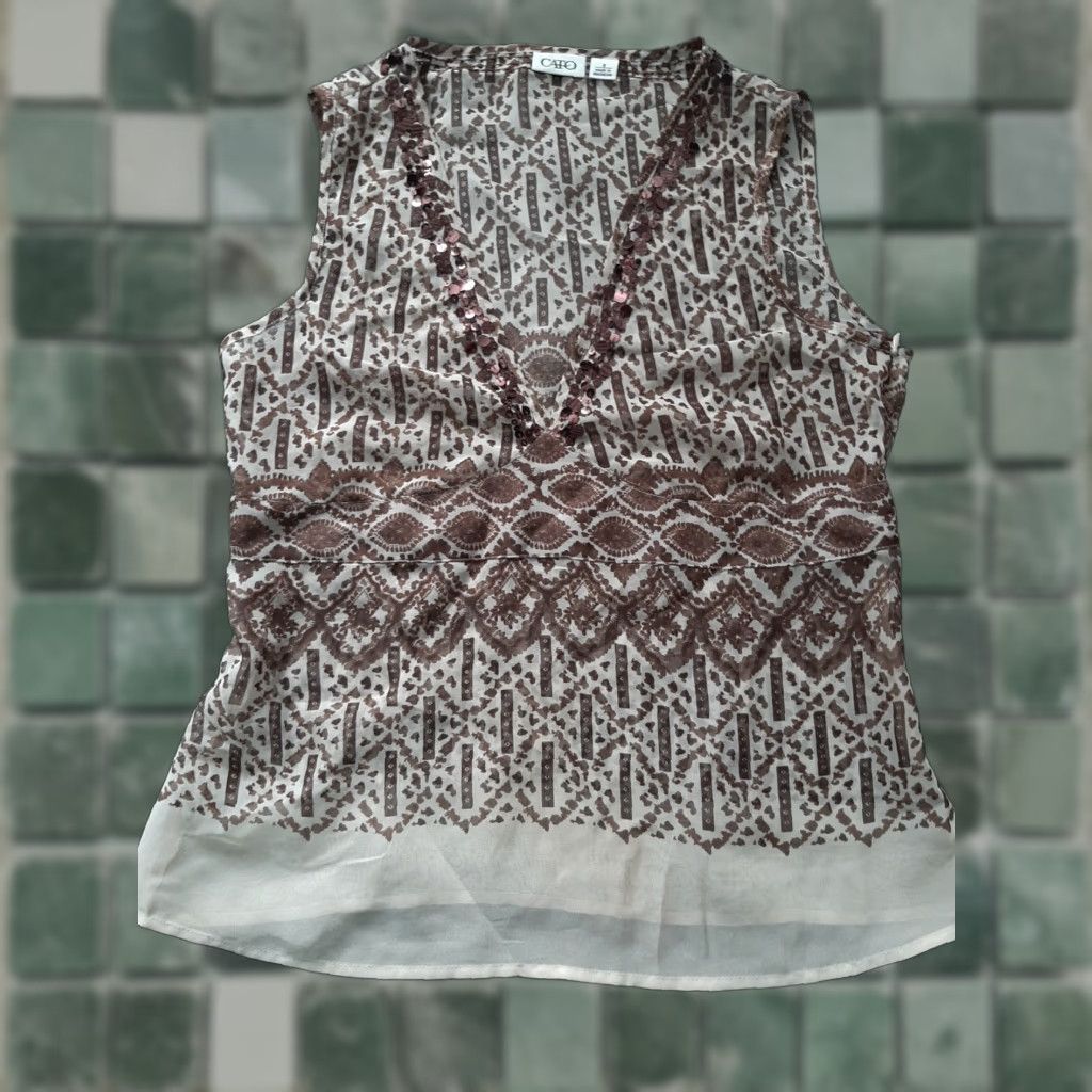 Vintage Cato Blouse Womens Top Sleeveless Size 8 Tan Brown Sequins Short Sleeve Round Neck Light Weight Womens Mens? Size M / US 6-8 / IT 42-44 - 1 Thumbnail