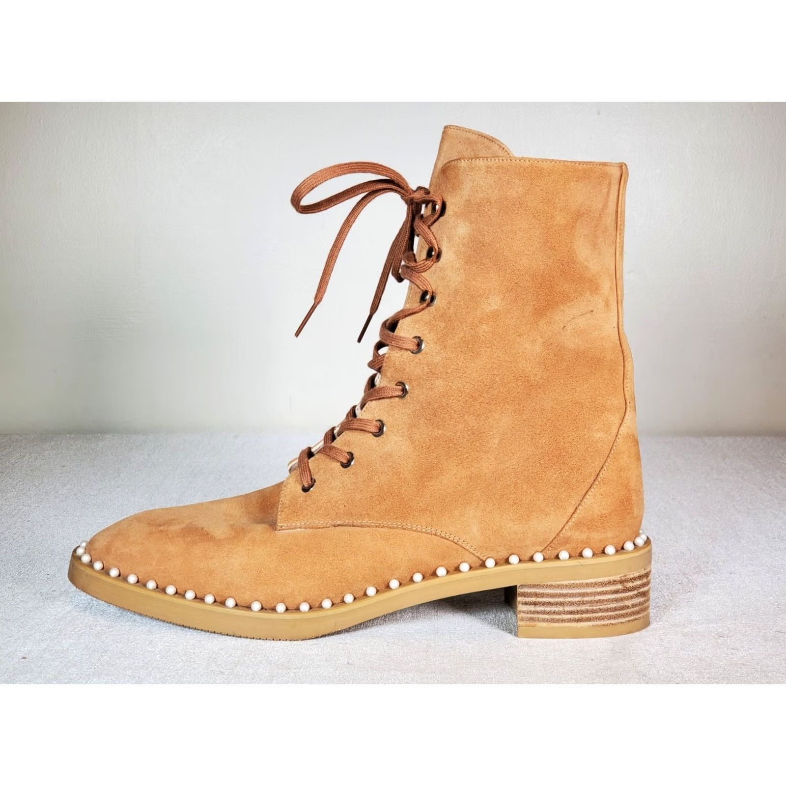 Stuart Weitzman Stuart Weitzman Sondra Pearl Embellished Suede Combat Boots Women's US 11.5 B Tan Leather Lined Lace Up Round Toe, Platform/City, EUC Size US 12 / IT 42 - 5 Thumbnail