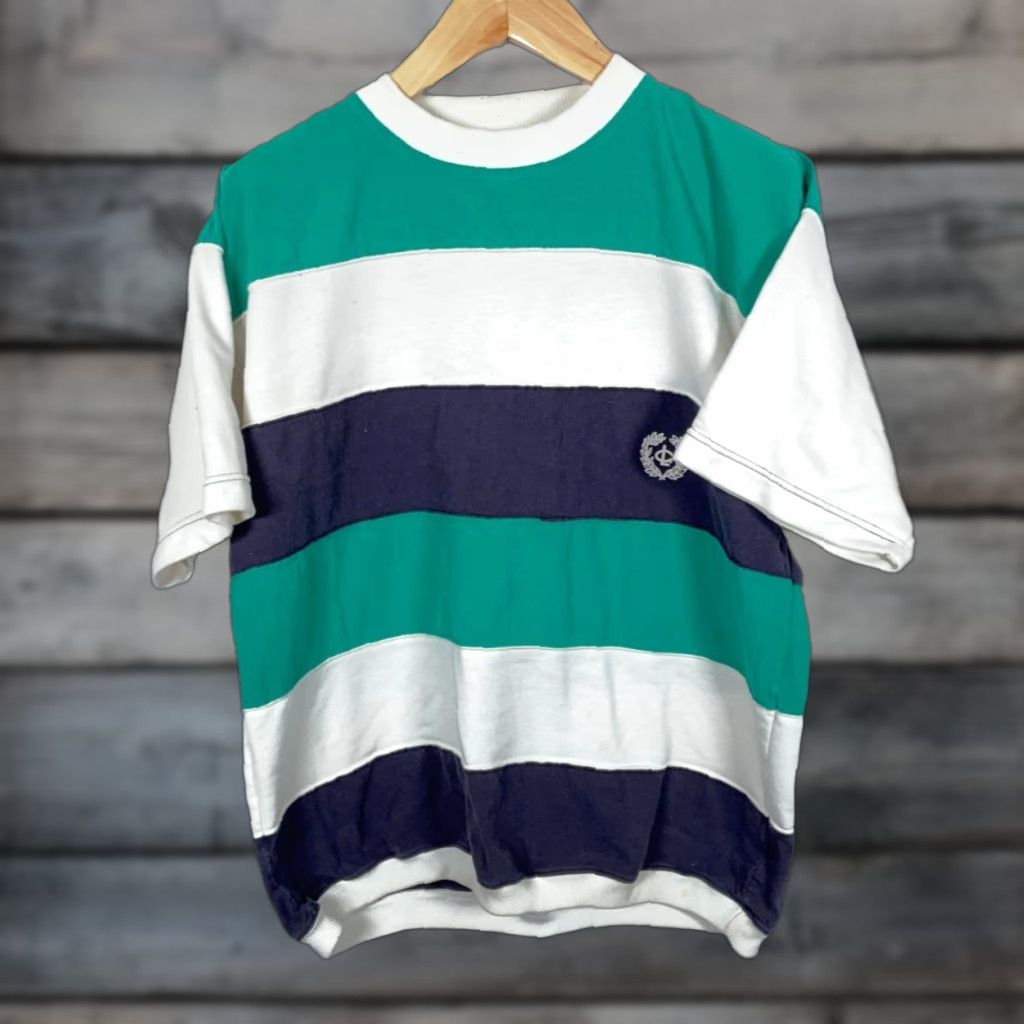 Vintage 90s Broad Stripe T-Shirt Adult XL Green White Blue Textured Skater Surf Size US XL / EU 56 / 4 - 1 Thumbnail