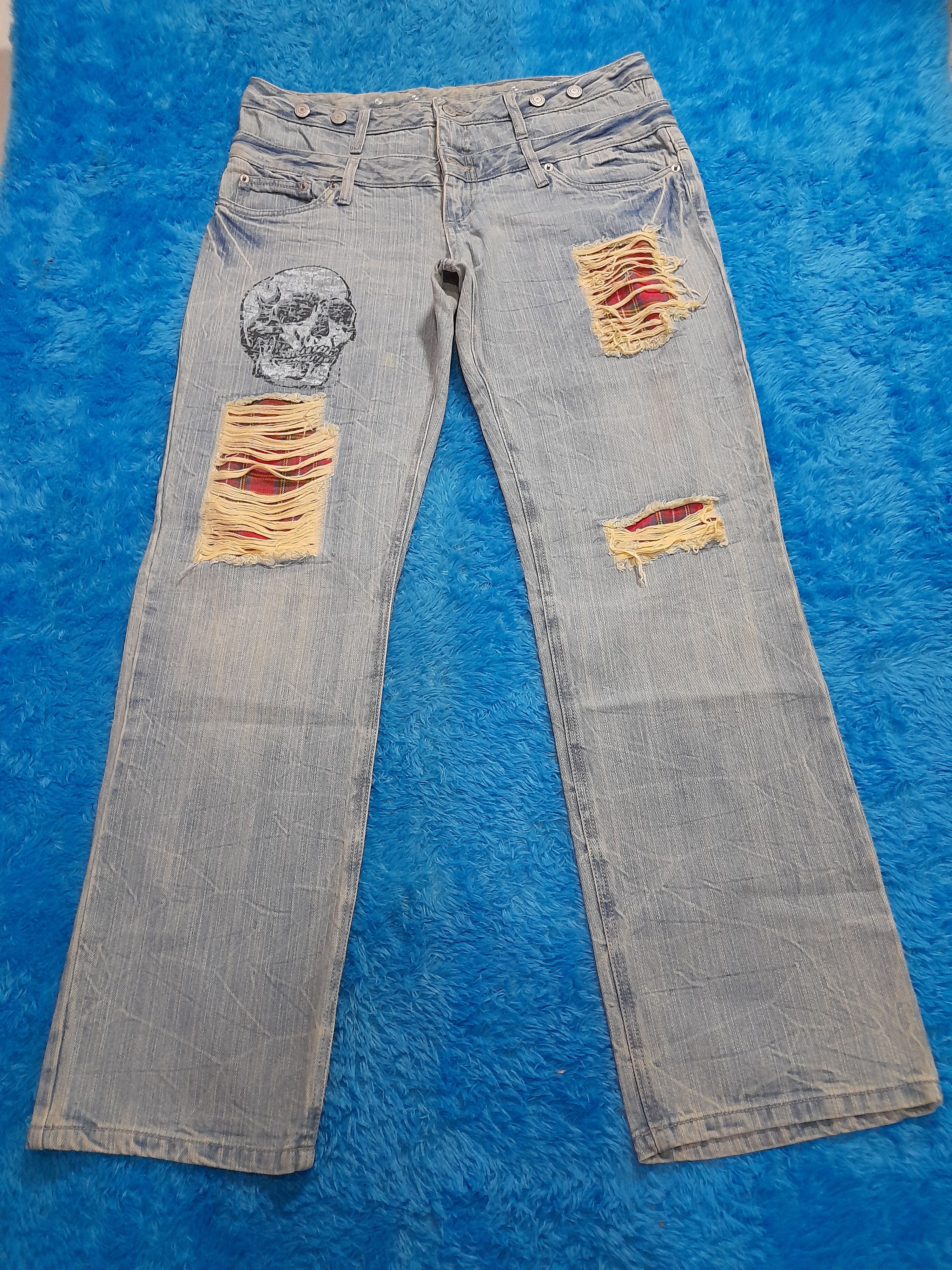 image of Distressed Denim Skull Double Waist Jeans in Brushed Gunmetal, Men's (Size 34)