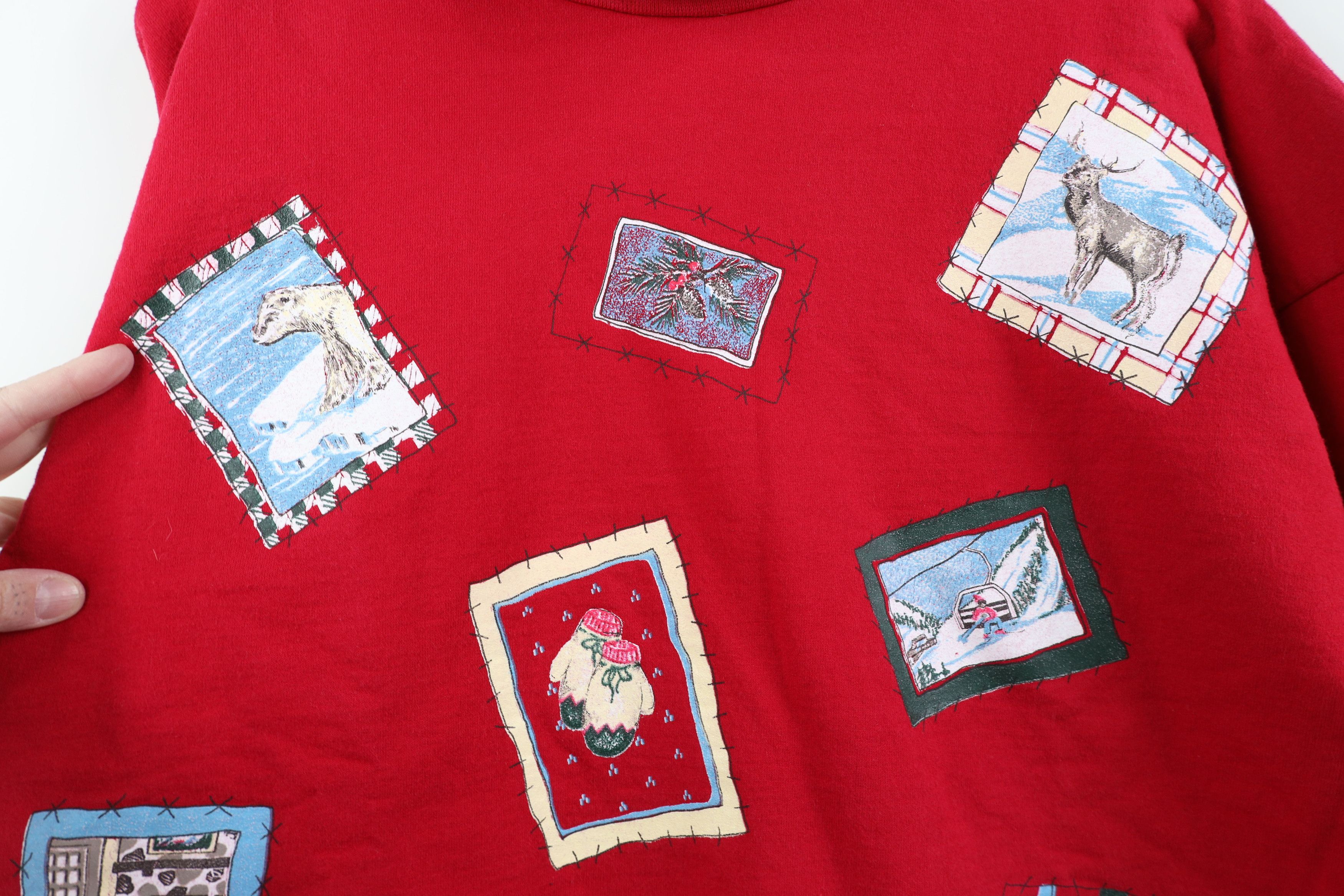 Vintage Vintage 90s Oversized Winter Stamp Turtleneck Sweatshirt Red Size M / US 6-8 / IT 42-44 - 6 Thumbnail
