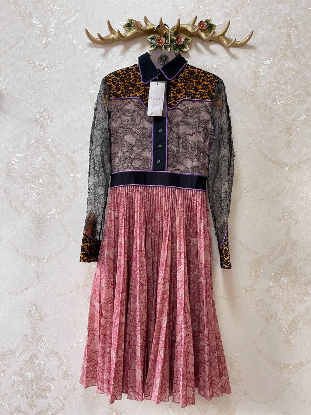 Gucci Gucci Runway Multicolor Floral Bonded Lace Plisse Dress | Grailed