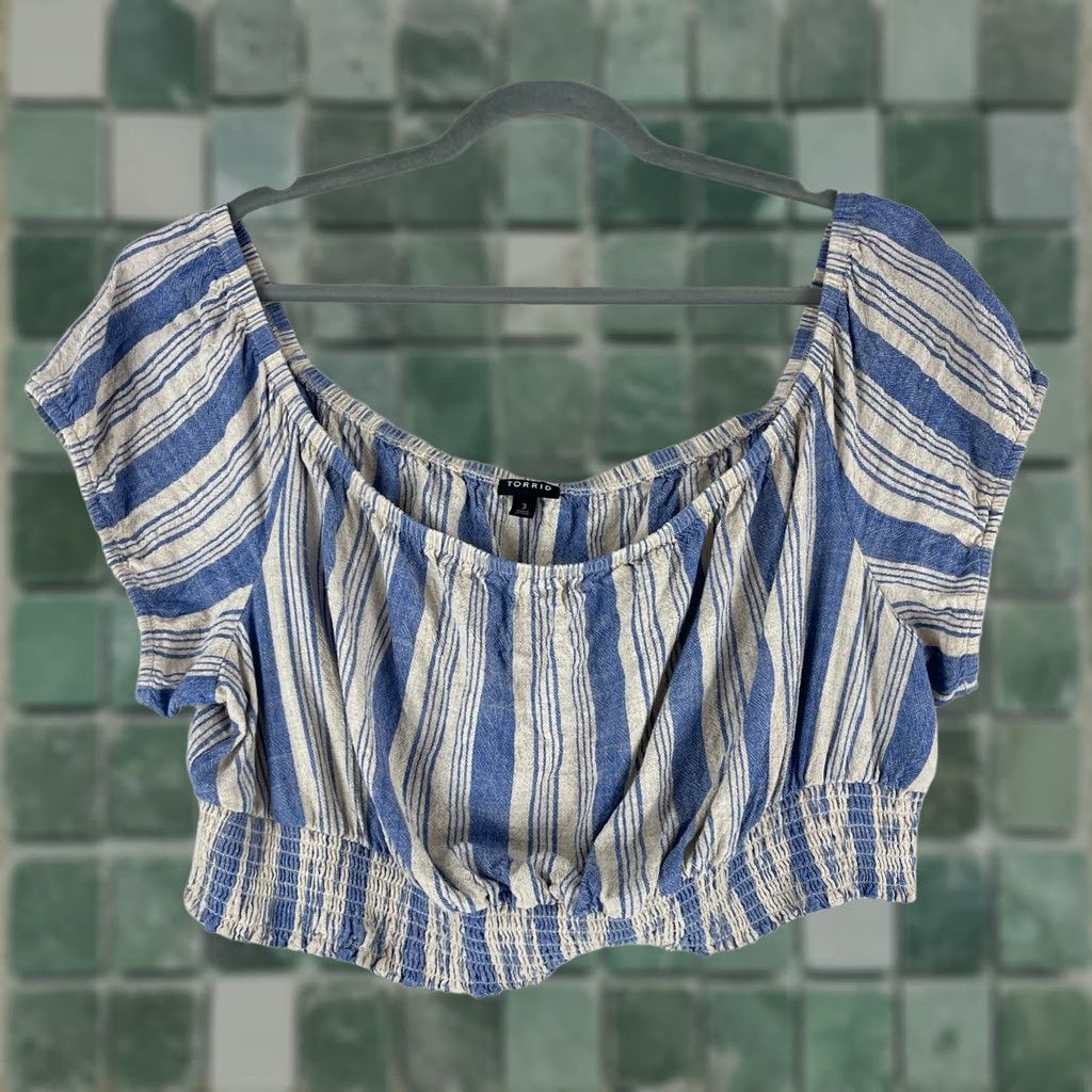 Torrid Torrid Blue Stripe Off Shoulder Crop Shirt 3X Womens Plus Size Smocked Waist Linen Blend Pullover Short Sleeve Top Size XXL / US 16-18 / IT 52-54 - 1 Thumbnail