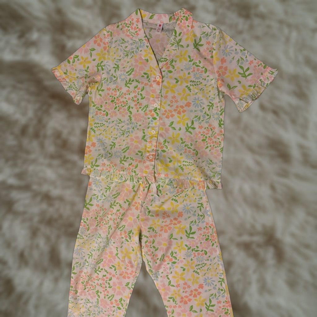 VINTAGE Women’s Floral Pajama Set 2pc Cotton Ruffle Short Sleeve Collared Button Multicolor Spring Summer Fall Womens