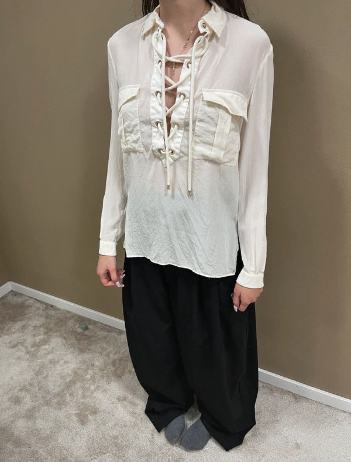 Roberto Cavalli Roberto Cavalli Lace-Up Sheer Blouse Size M / US 6-8 / IT 42-44 - 9 Thumbnail