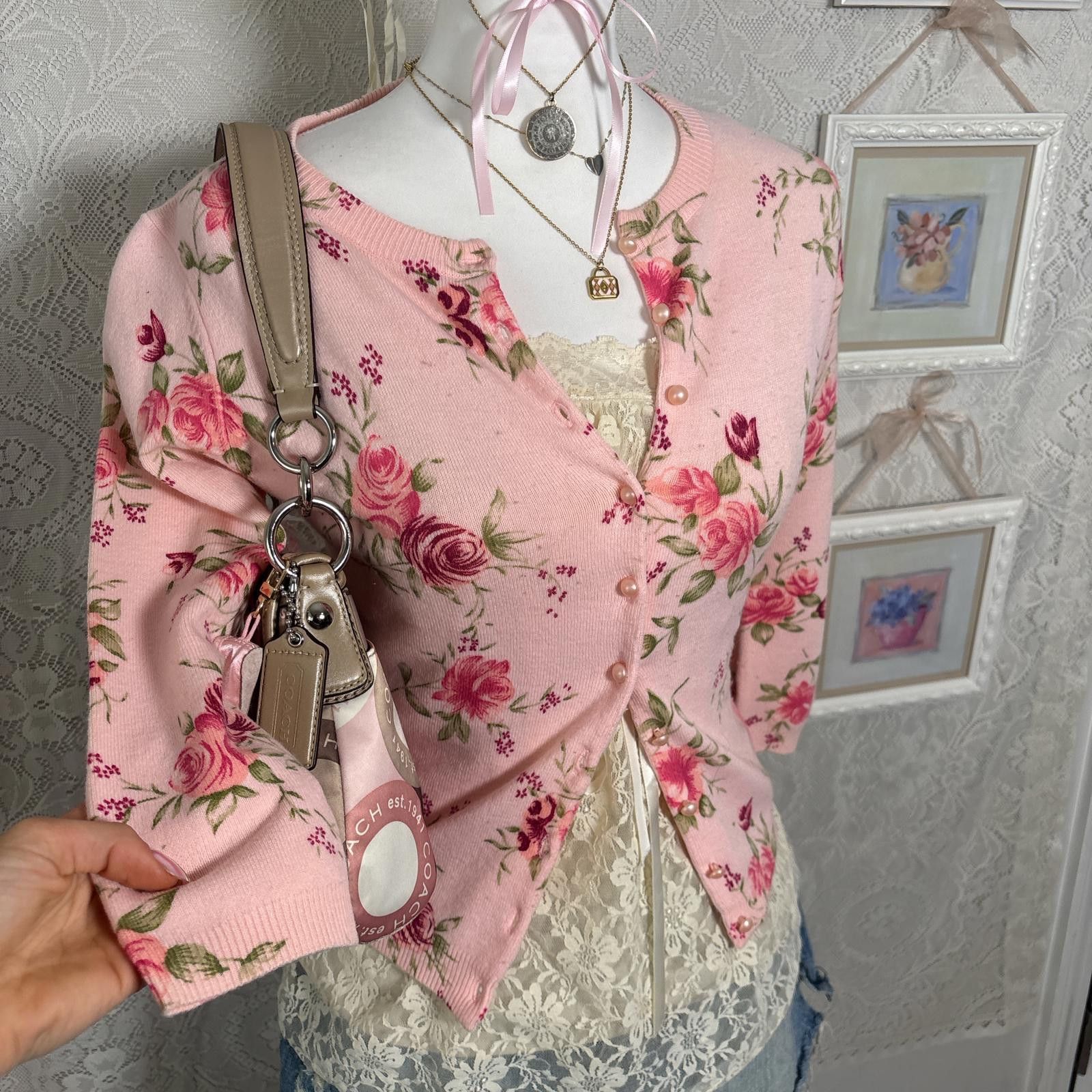 Other vintage pink floral coquette fitted cardigan Size M / US 6-8 / IT 42-44 - 2 Thumbnail